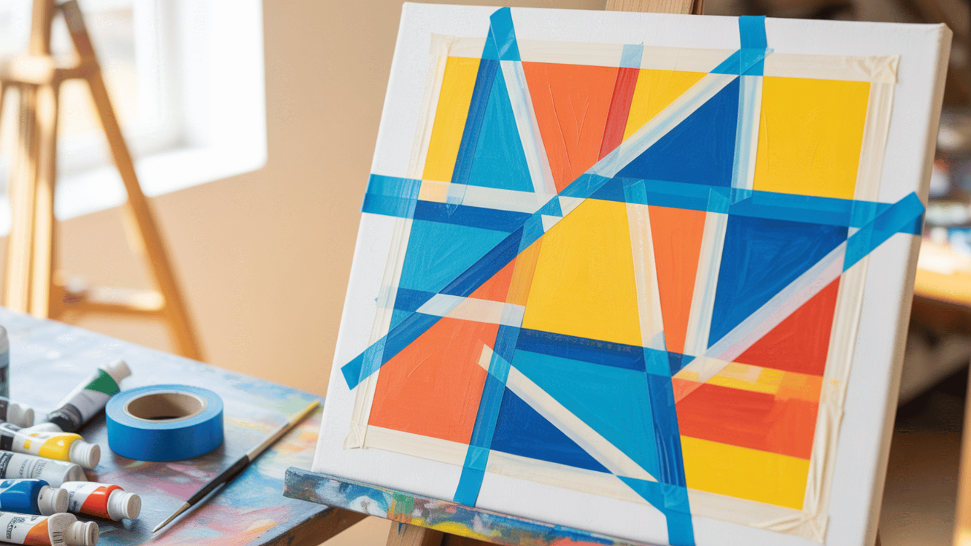 abstract geometric painting created using painter’s tape and bright acrylic colors.