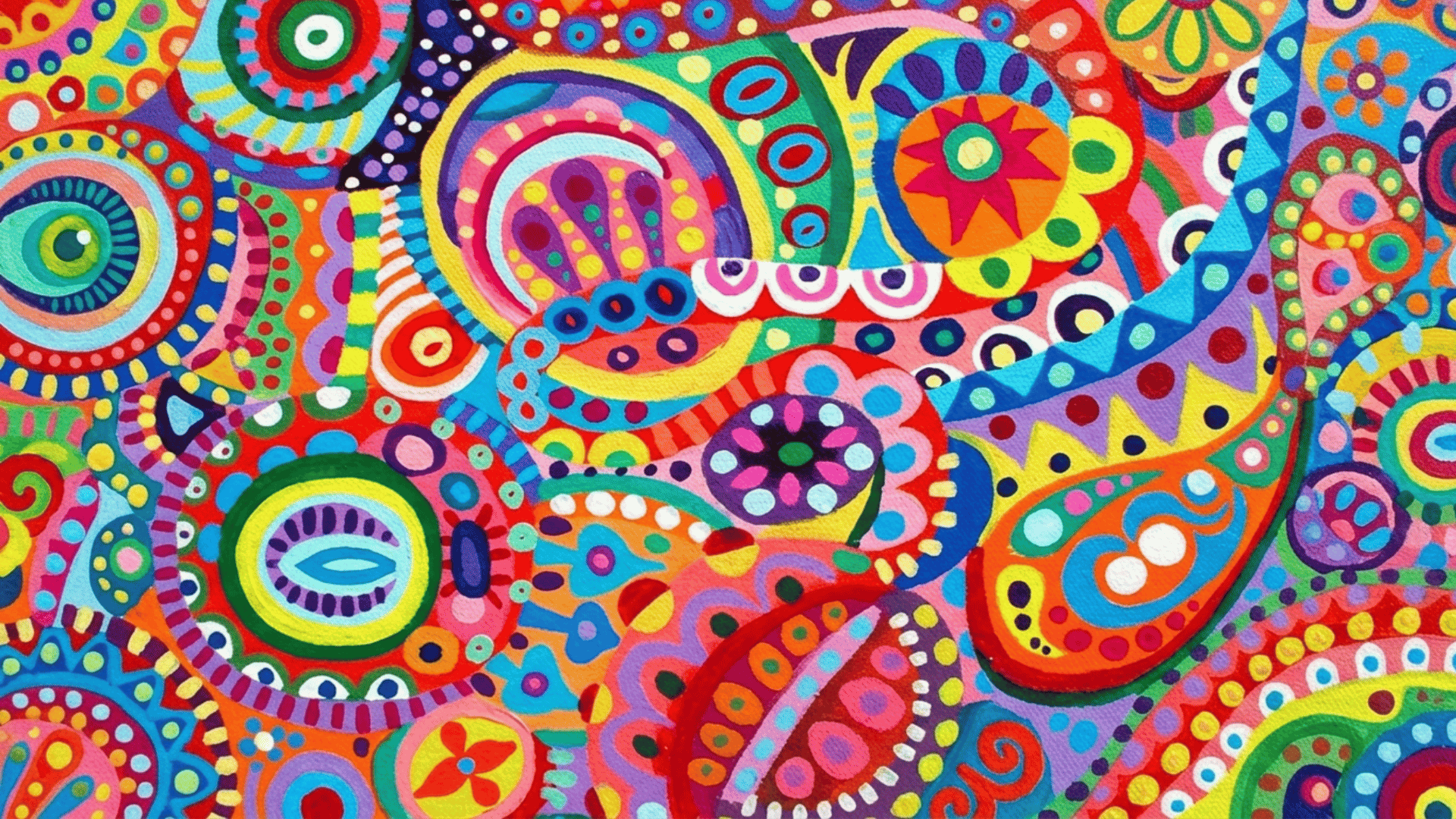 abstract pattern with colorful curved shapes, lines, and dots repeating in a modern art style with bold bright colors