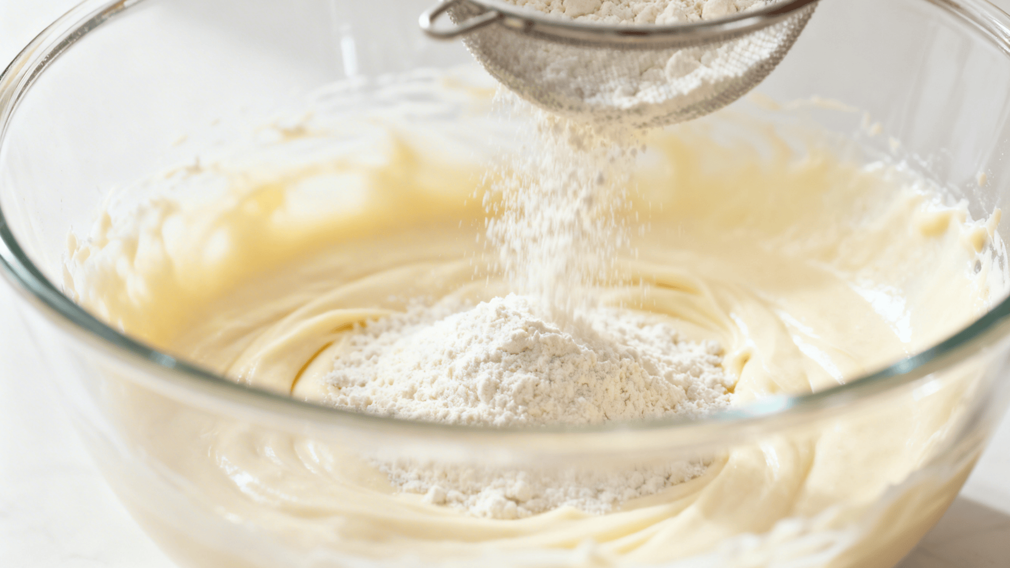 add the flour mixture to the batter while mixing slowly into glass bowl, visible flour stream, gentle swirling motion