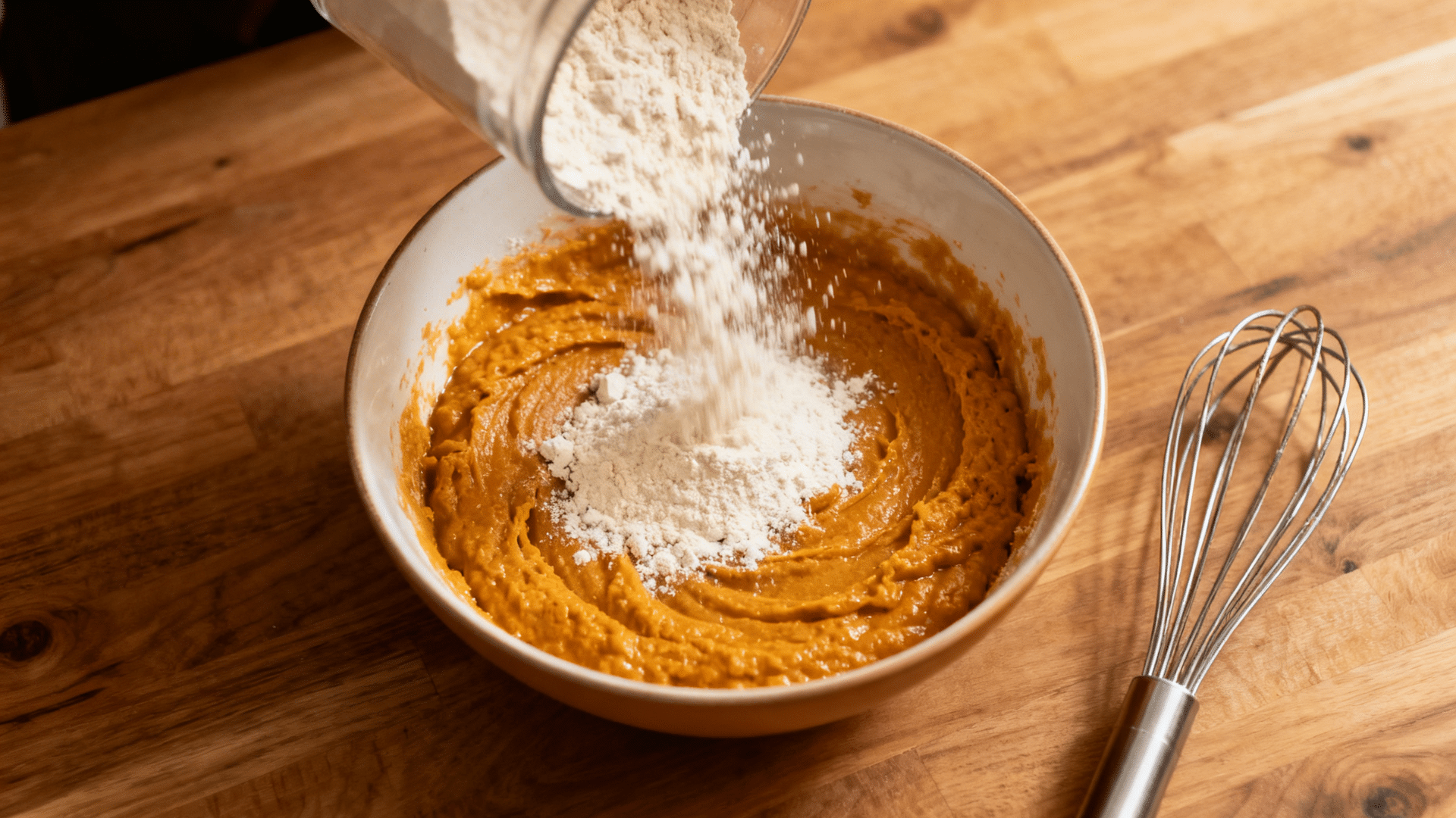 adding dry flour mixture into pumpkin banana batter in a mixing bowl on a wooden kitchen counter.