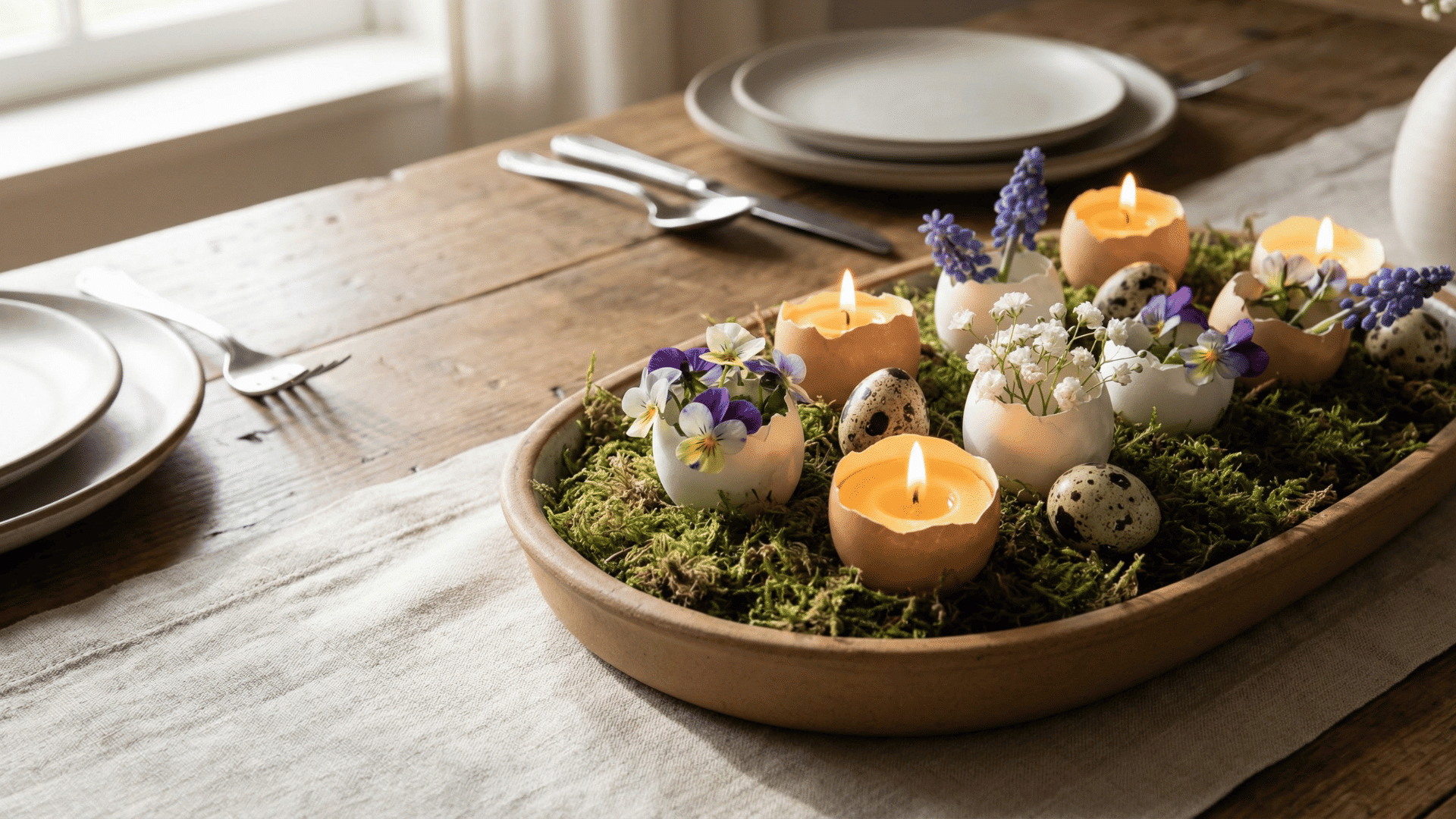 an Easter centerpiece of eggshells filled with lit tea lights and spring flowers sits on a moss-covered tray on a table.