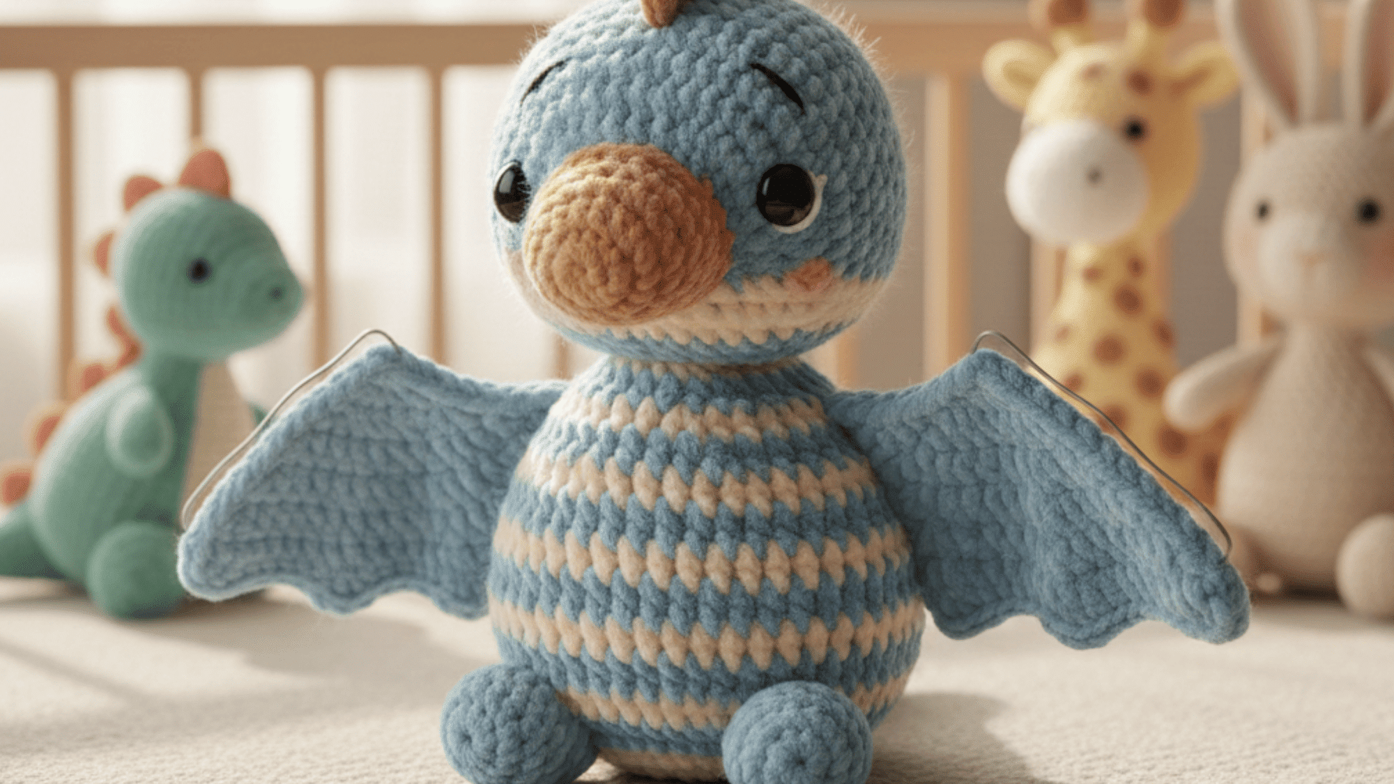 an adorable crochet baby pterosaur with wide, floppy wings and a small, round body. Â
