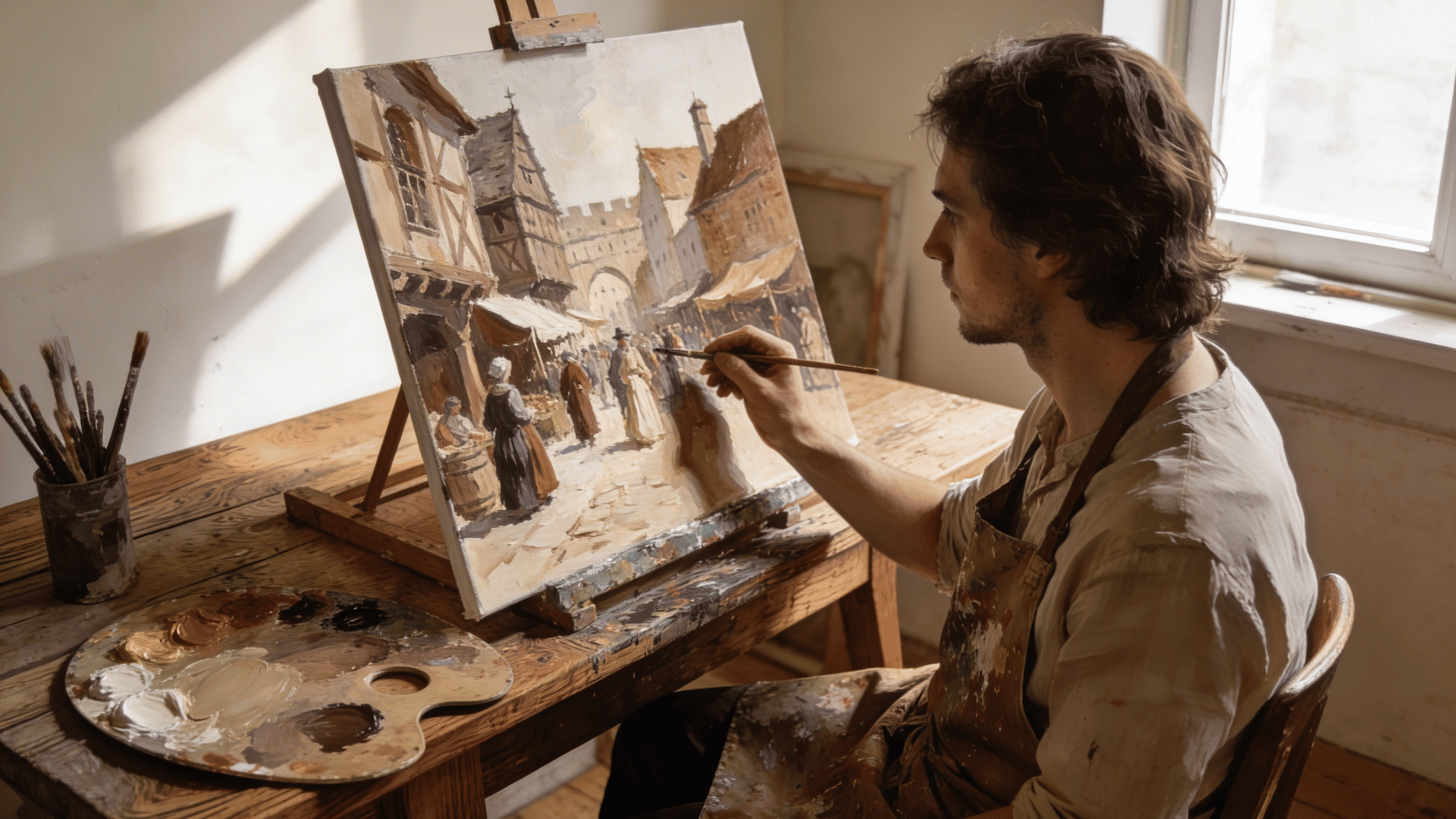 an artist in a paint-splattered apron sits at a wooden desk and uses a fine brush to paint a historical village scene.