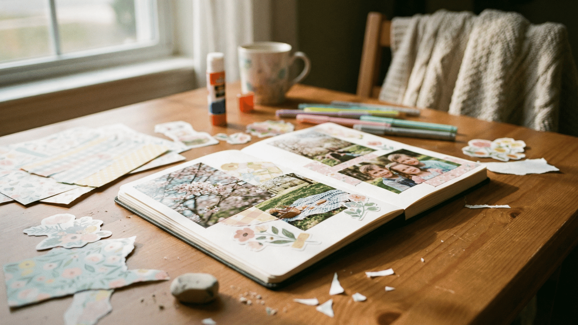 an open scrapbook on a wooden table features spring-themed photos and floral stickers next to markers and glue.
