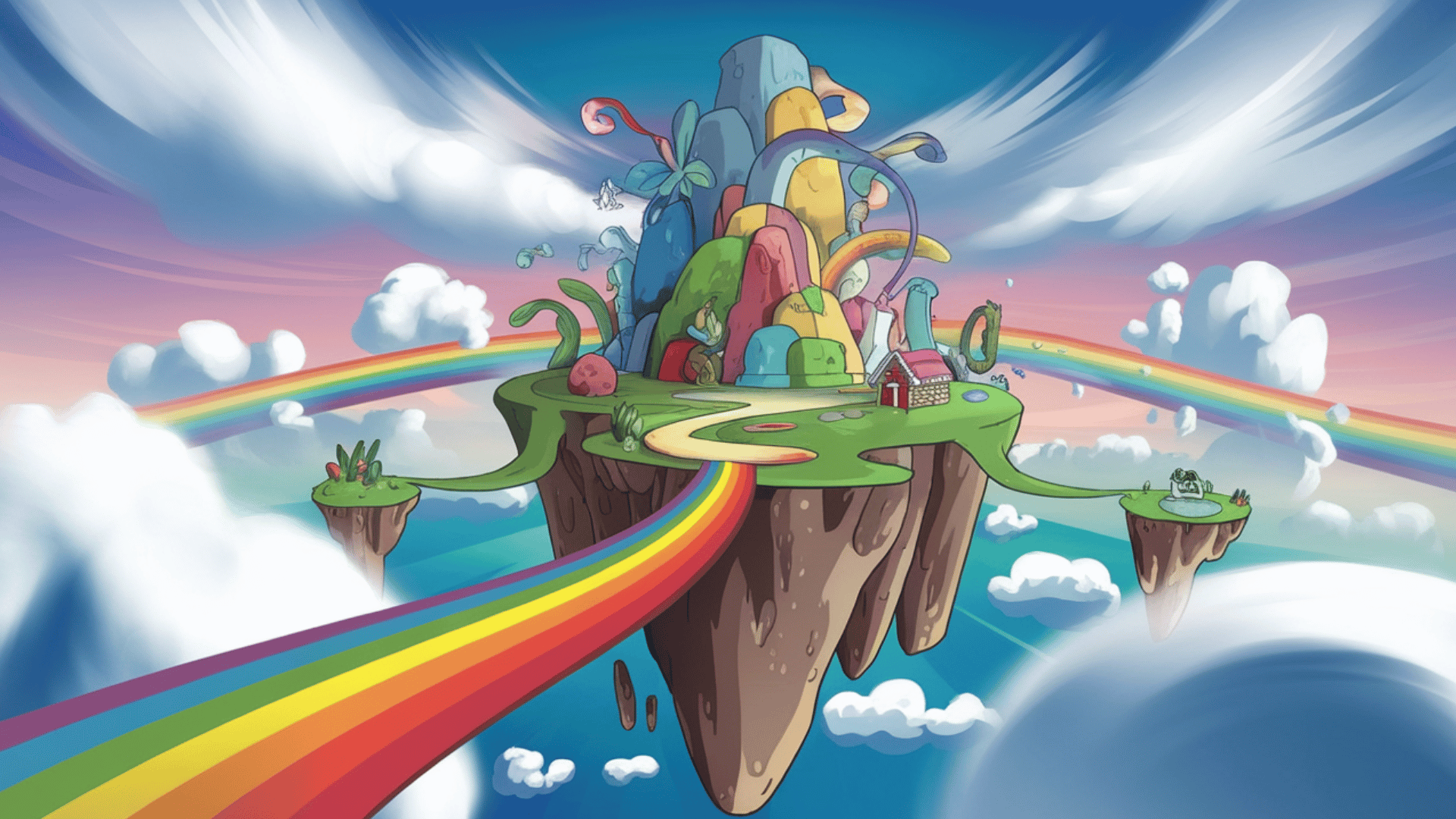 animated style illustration of a floating island with trees and clouds suggesting motion, colorful environment inspired by looping gif art