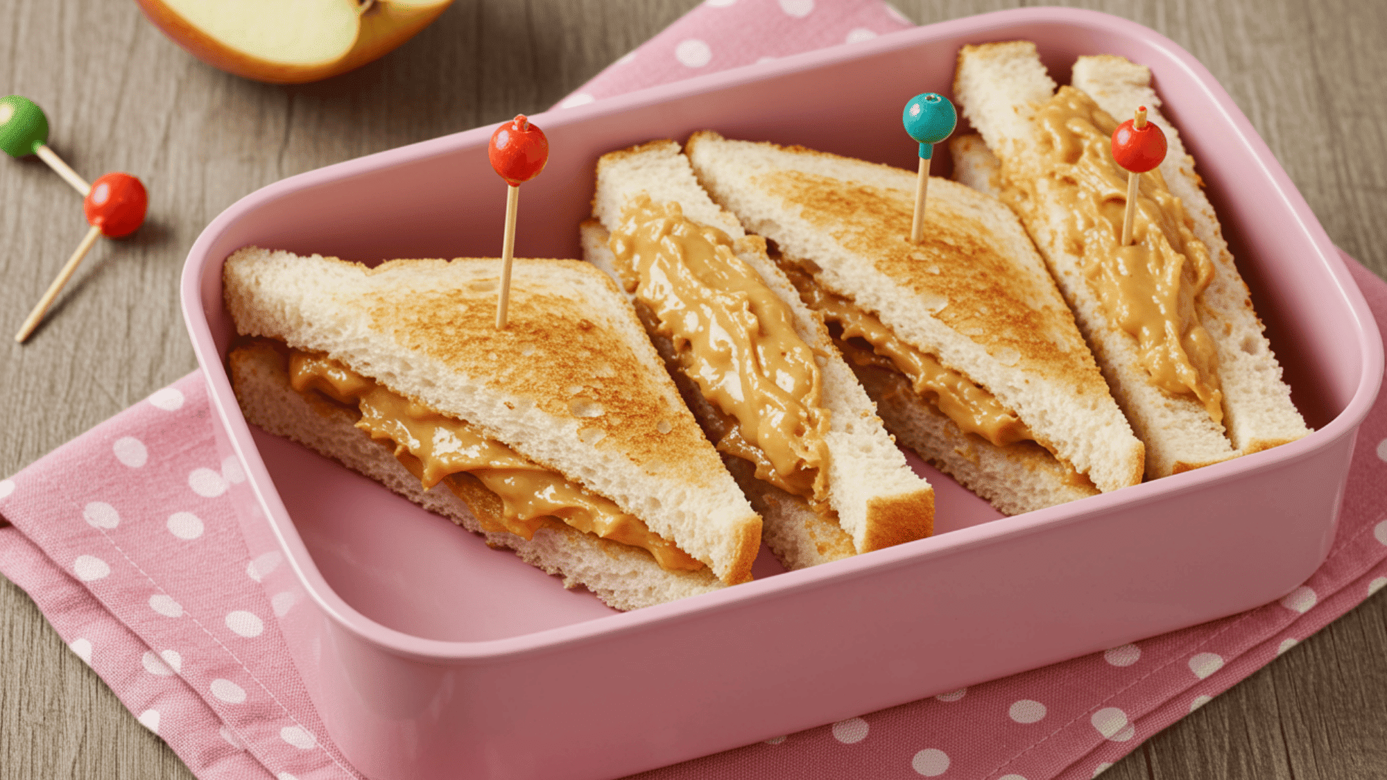 apple sandwiches with peanut butter in a pink lunchbox, neatly stacked, crisp apple slices, creamy peanut butter