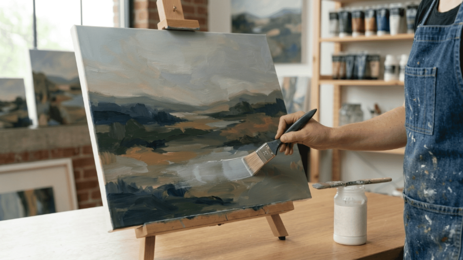 artist painting landscape on canvas with brush on easel in studio with paint jars shelves soft natural light creative workspace
