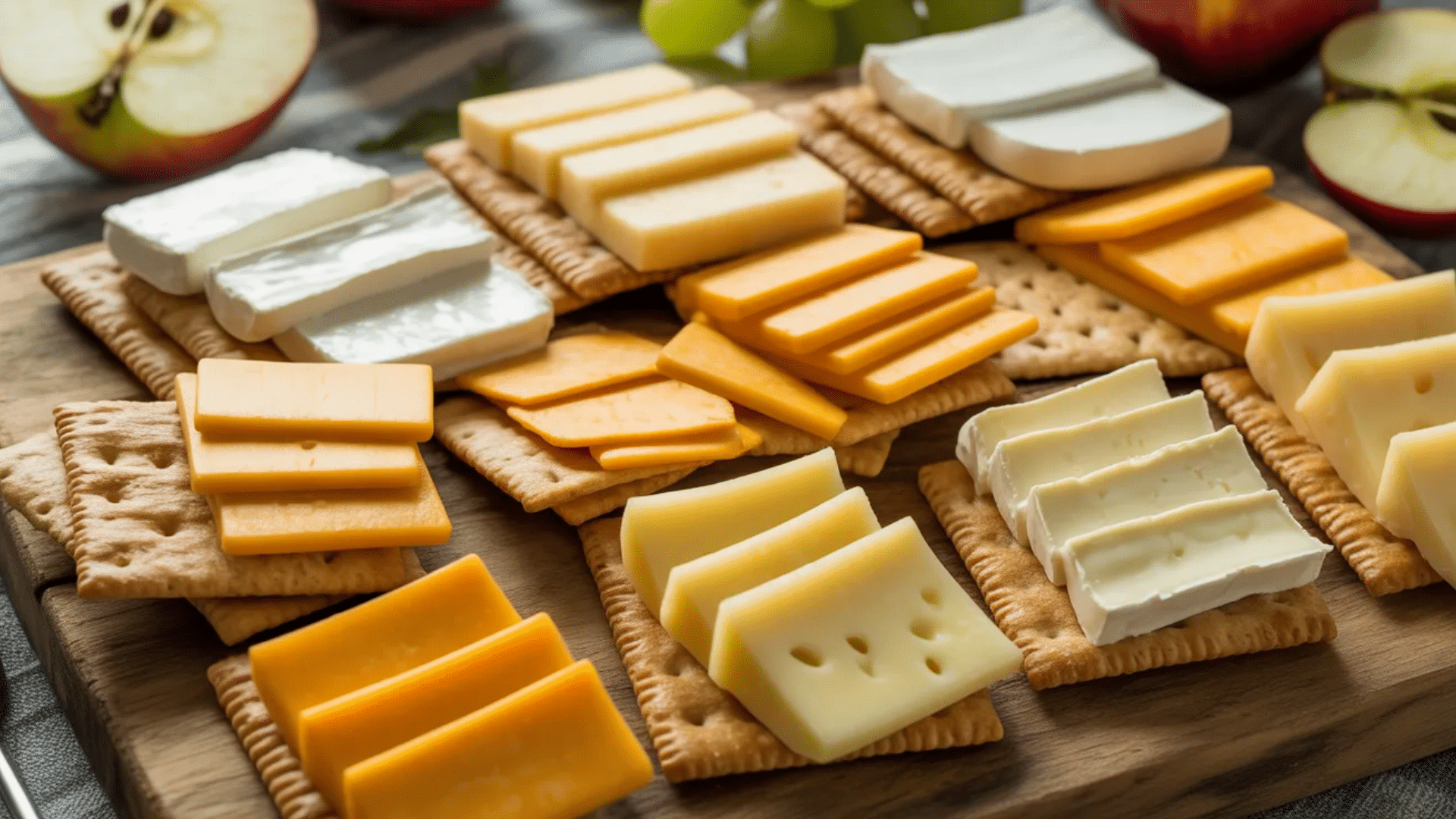 assorted cheese slices arranged on crackers on wooden board with apple halves and grapes in background forming a snack platter display
