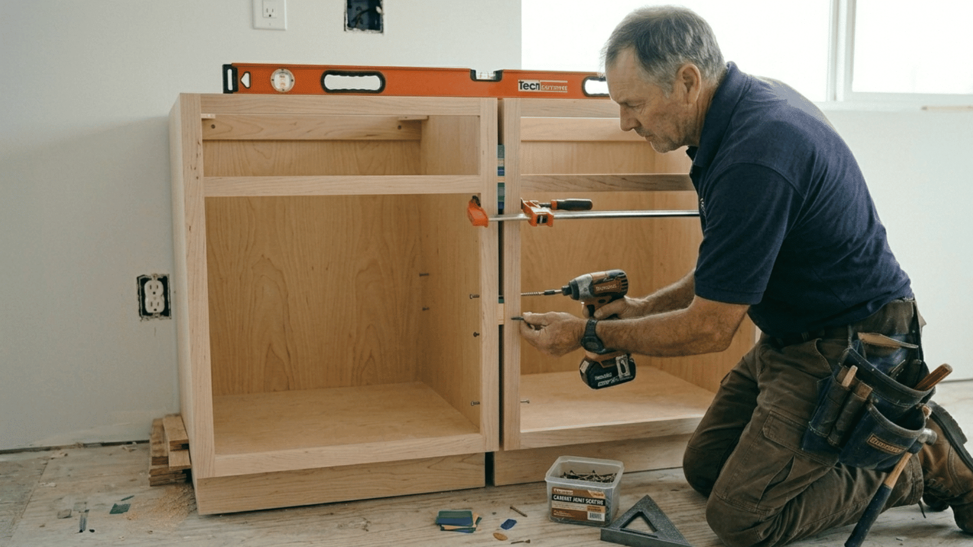 attaching multiple cabinets together with screws, ensuring the face frames are aligned with added shims for even spacing.