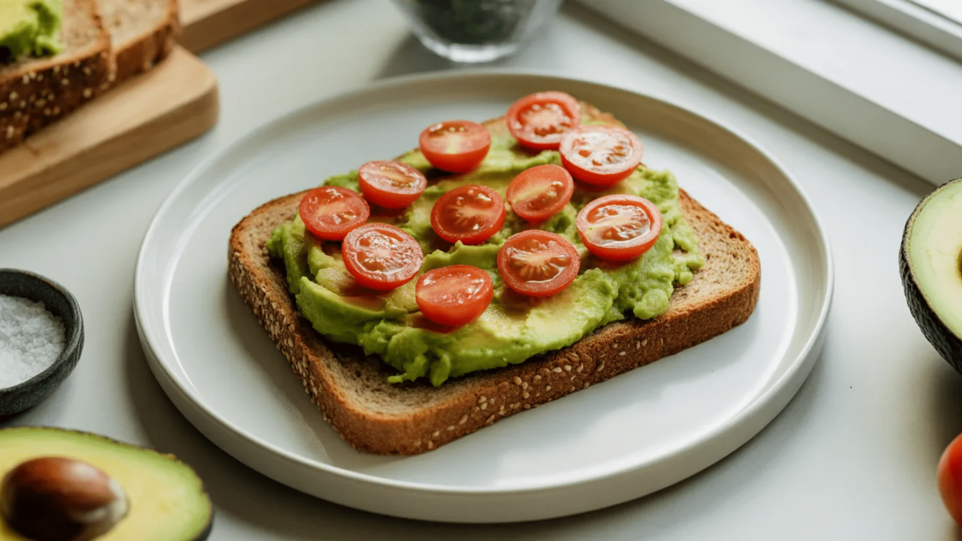 avocado toast topped with cherry tomato slices on whole grain bread served on white plate with avocado halves and salt nearby