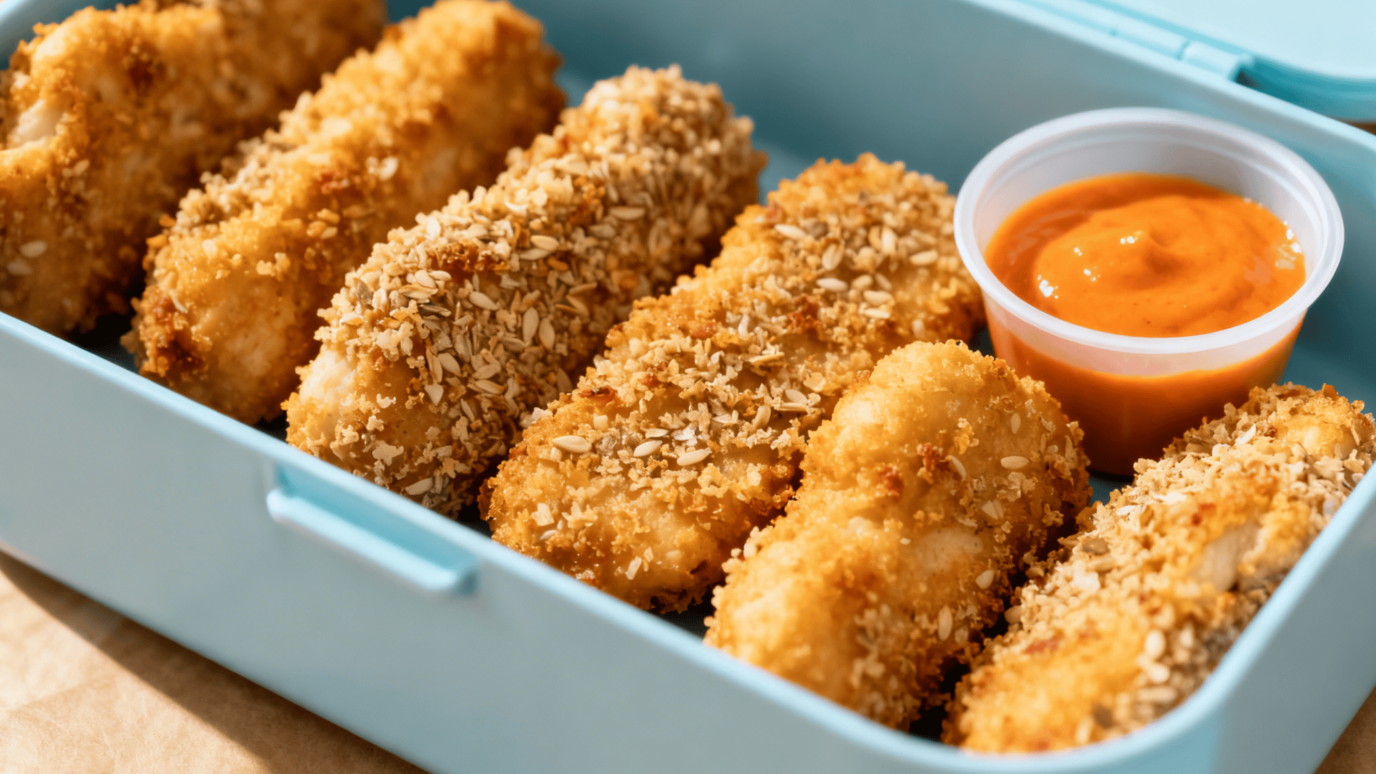 baked chicken nuggets with whole-grain breadcrumbs in a lunchbox, neatly arranged with dipping sauce cup