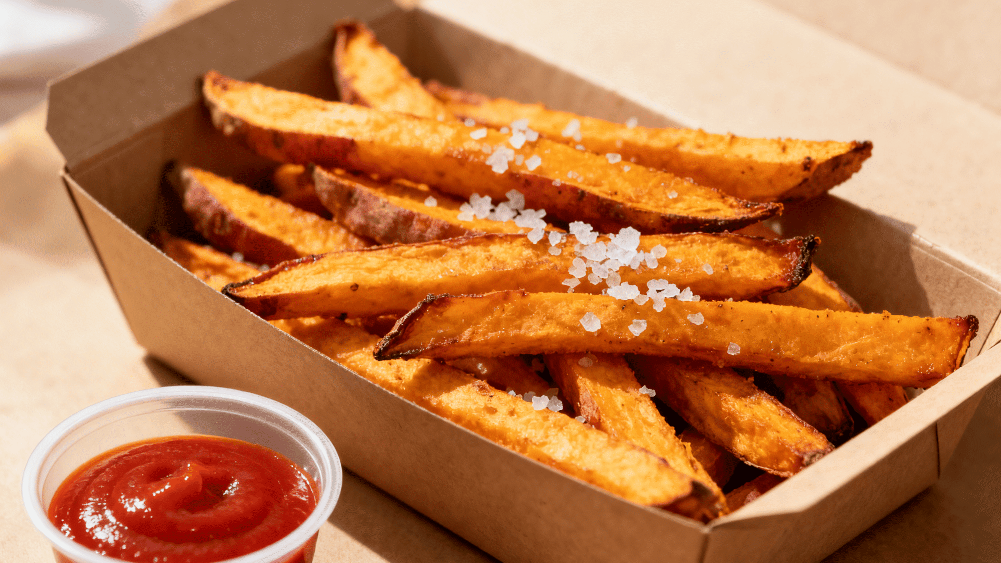 baked sweet potato fries in a lunchbox, golden-crisp edges, sprinkled sea salt, small ketchup cup