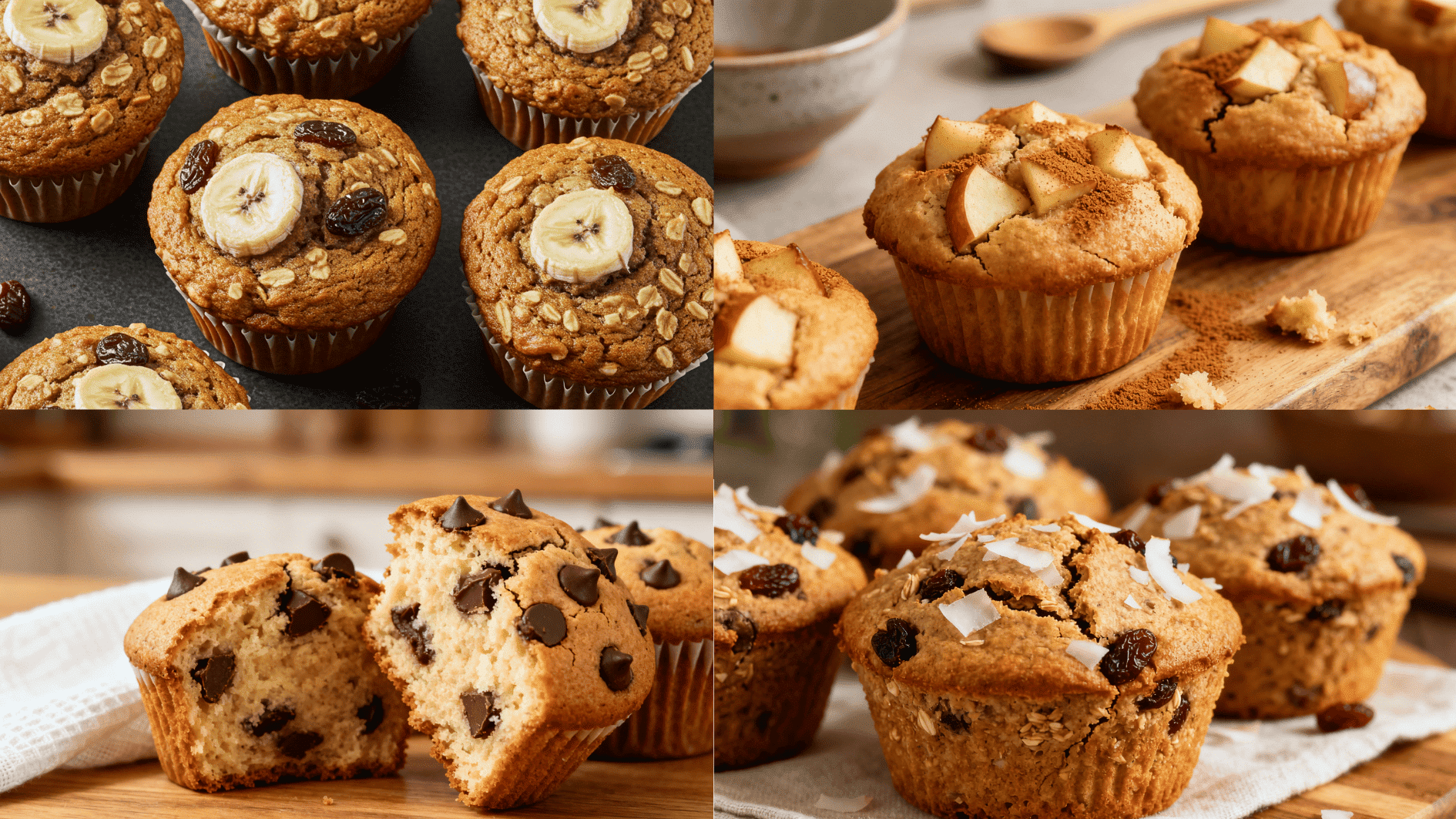 banana oat muffins, apple cinnamon muffins, chocolate chip muffins, and raisin coconut muffins collage