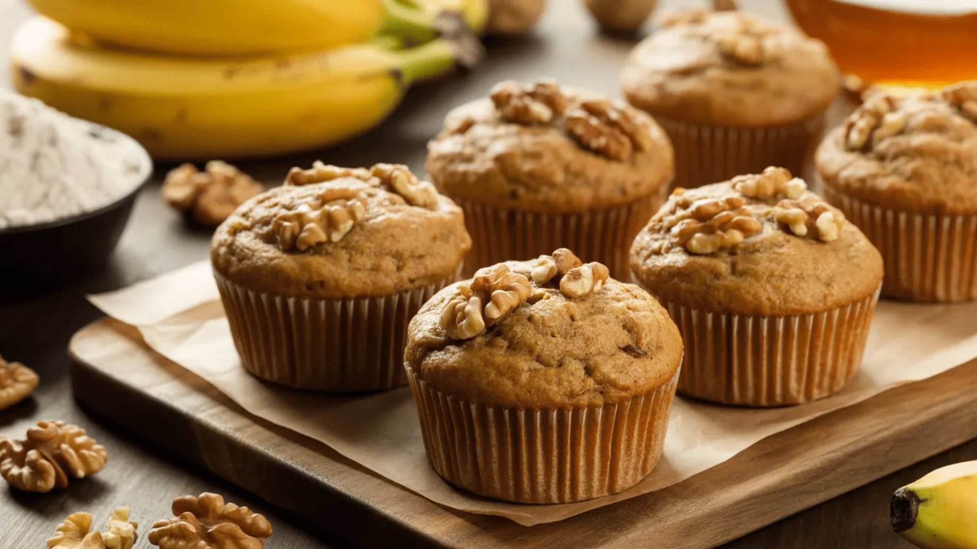 banana walnut muffins arranged on wooden board with fresh bananas walnuts flour and honey visible in background