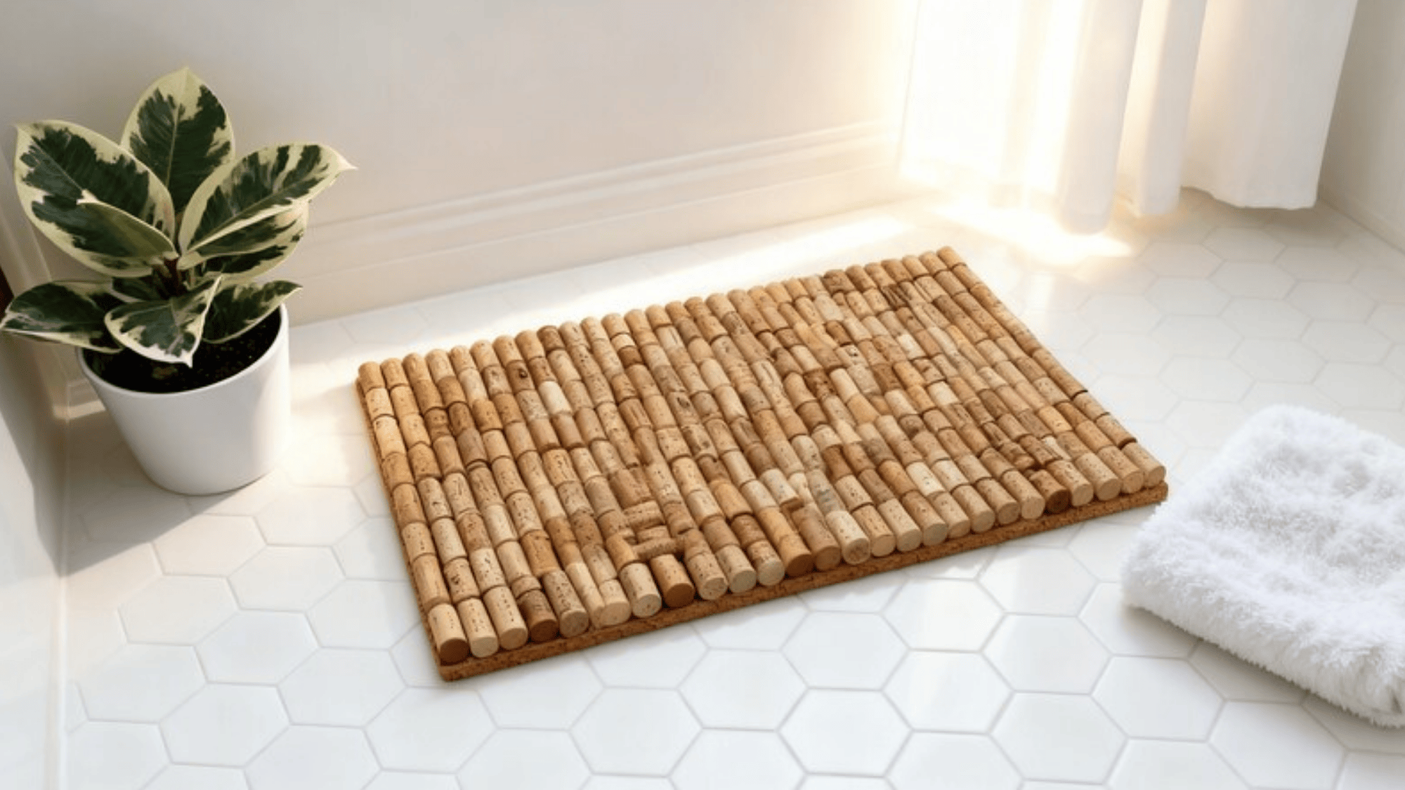 bath mat made of whole wine corks glued tightly on a rubber base, on white hexagon tile bathroom floor