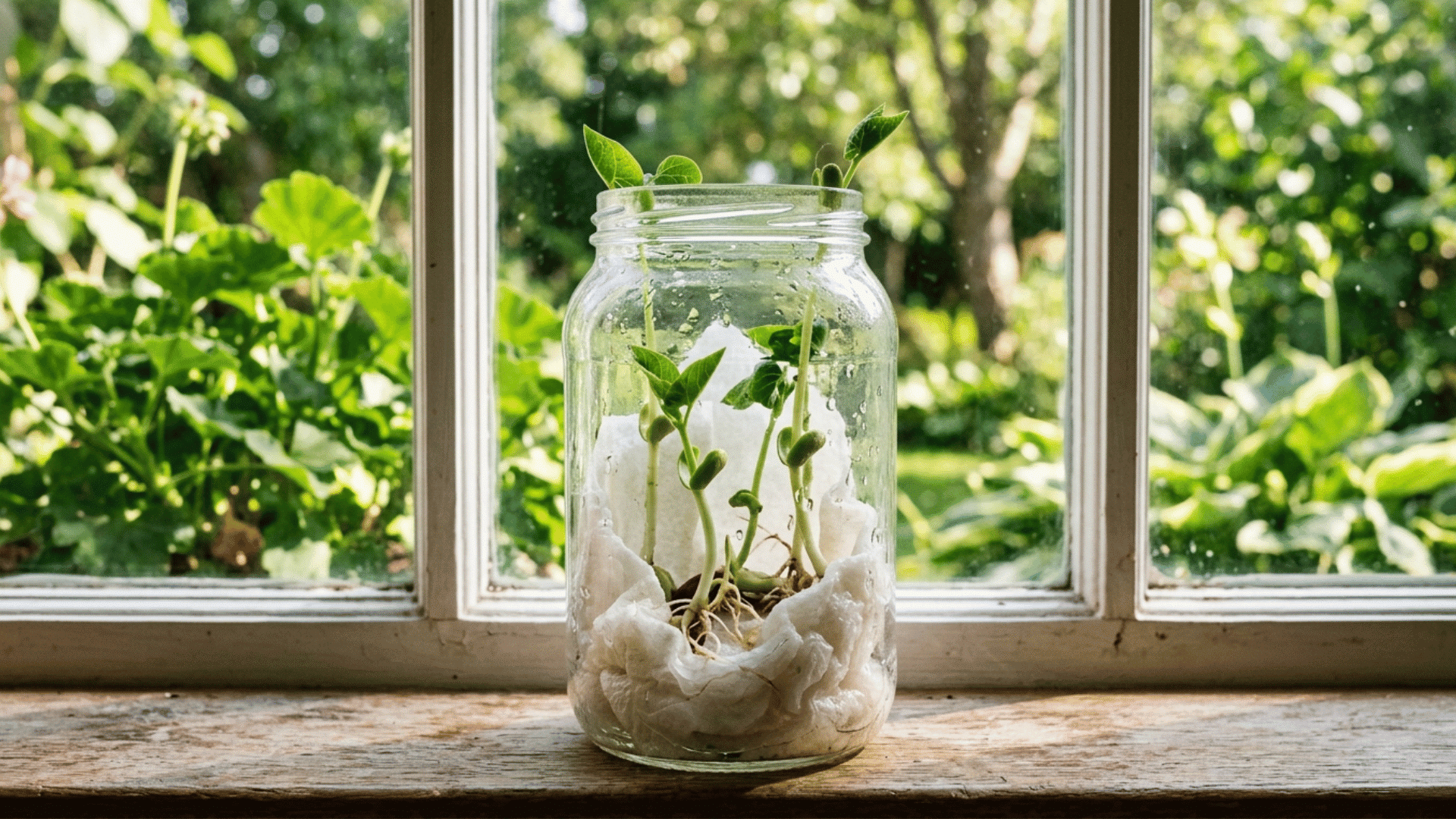 bean seeds growing in a clear jar with damp paper towel on a sunny windowsill