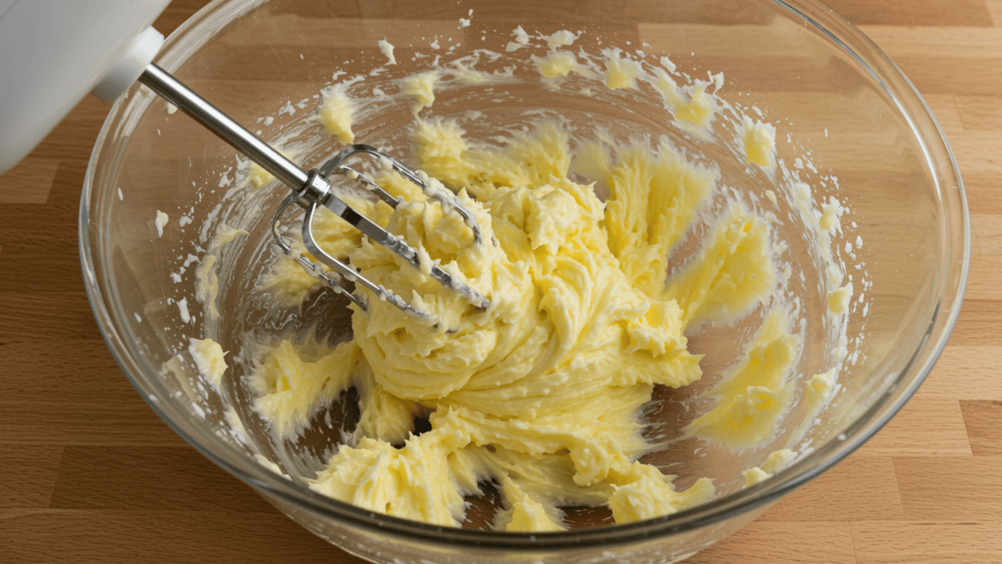 beat the softened butter and sugar using a hand mixer or whisk in a bowl