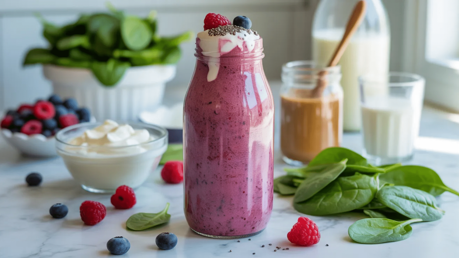 berry smoothie in glass bottle topped with yogurt raspberries blueberries and chia seeds with spinach milk and peanut butter nearby