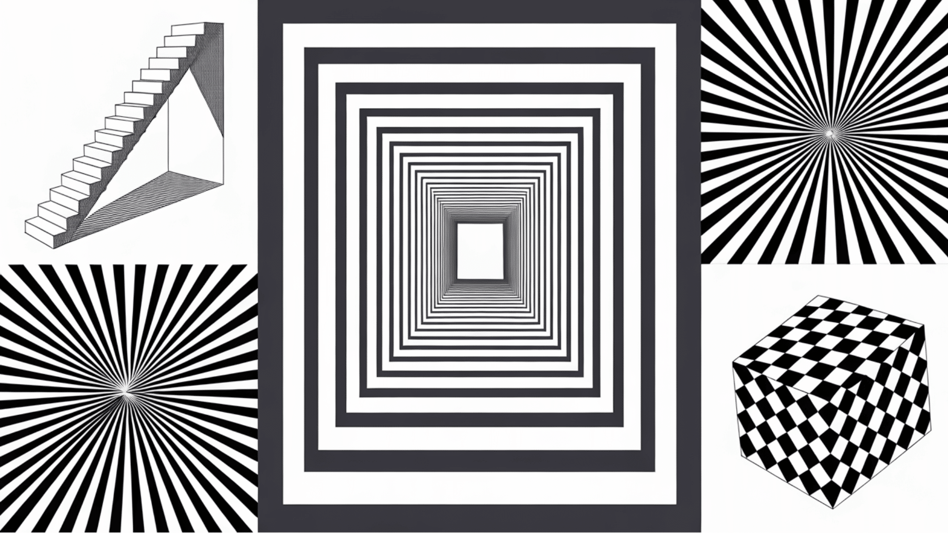black and white optical illusion drawings showing geometric patterns and perspective effects.
