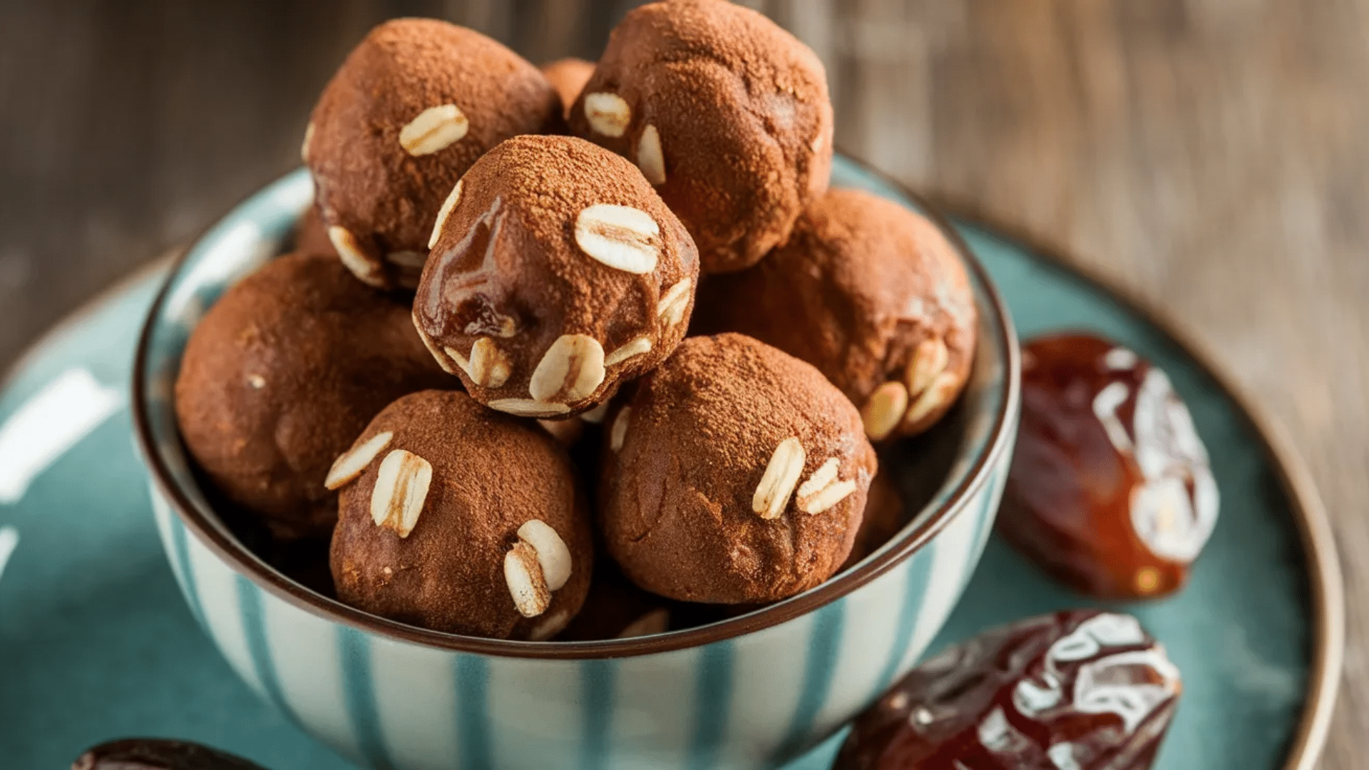 bowl of cocoa dusted date energy balls with oats stacked on plate with whole dates placed beside the bowl on table
