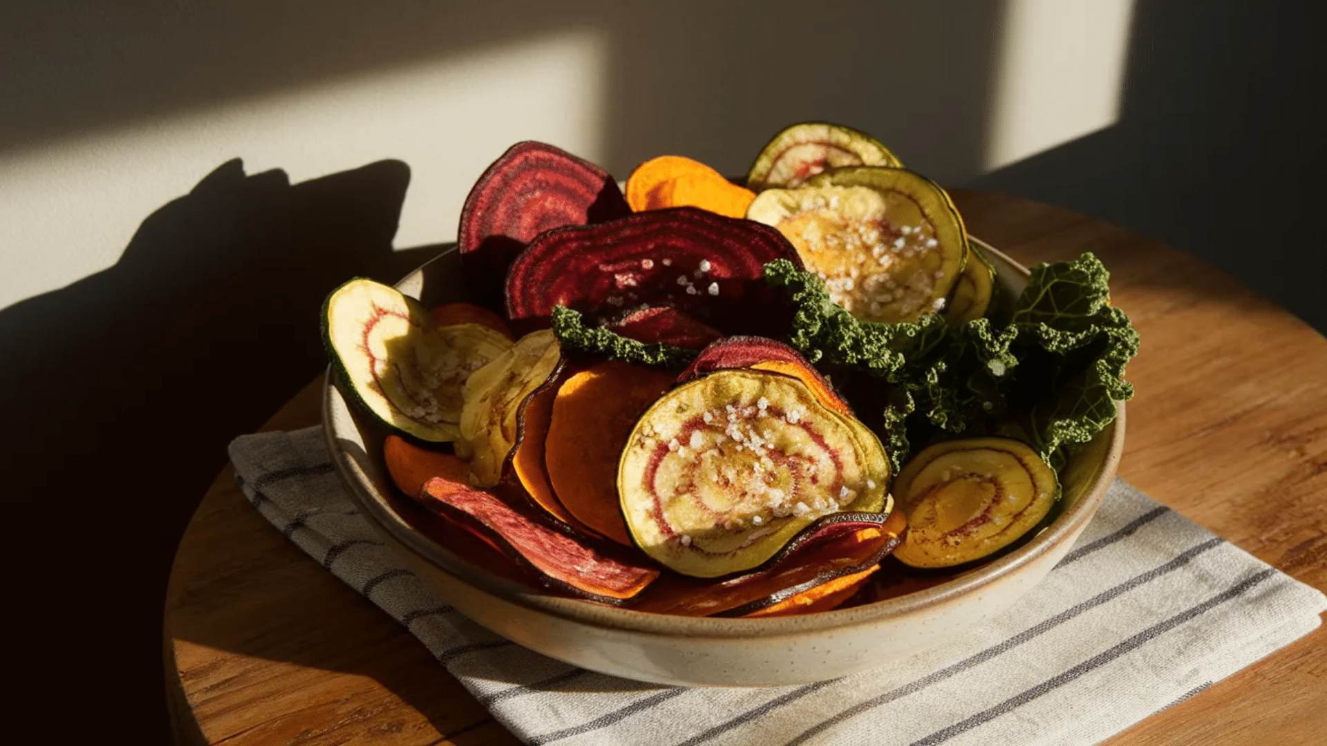 bowl of colorful baked vegetable chips including beet sweet potato zucchini and kale served on wooden table in warm sunlight