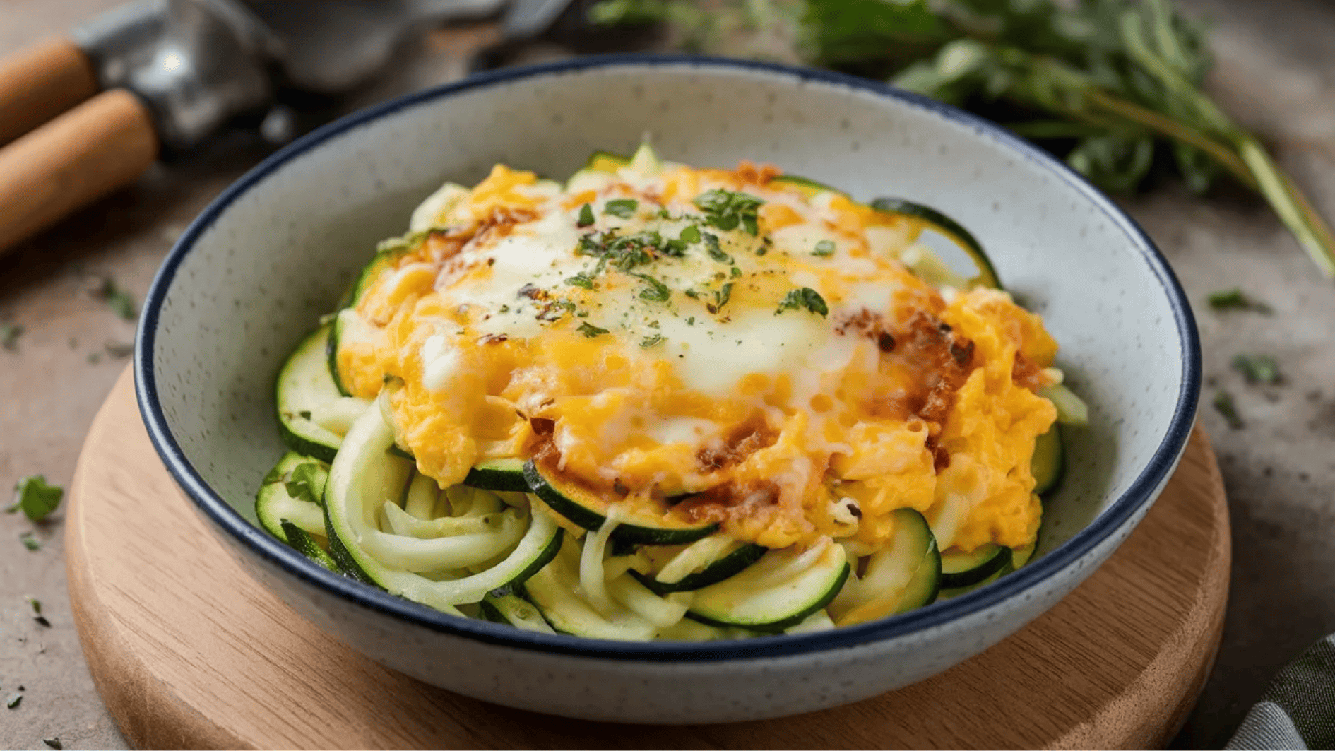 bowl of scrambled eggs with melted cheese, served over spiralized zucchini and garnished with fresh herbs