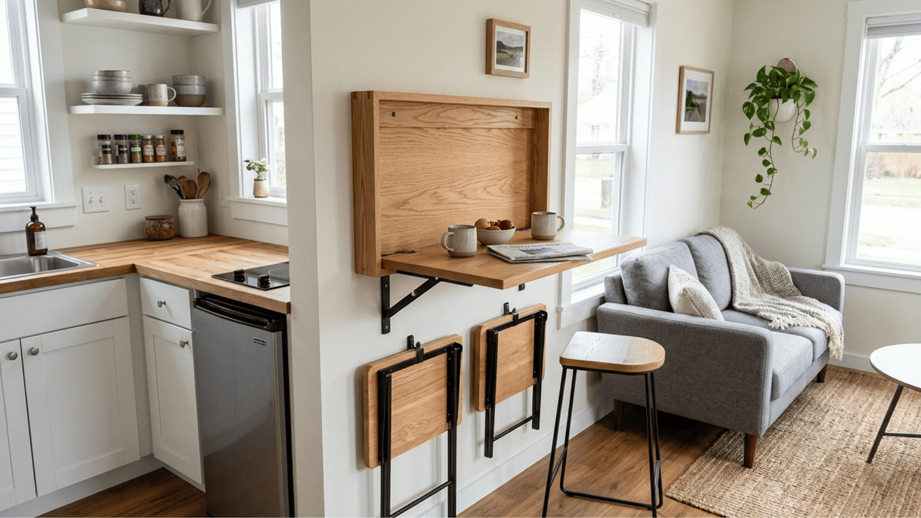 breakfast station set up in connected kitchen with living rooom