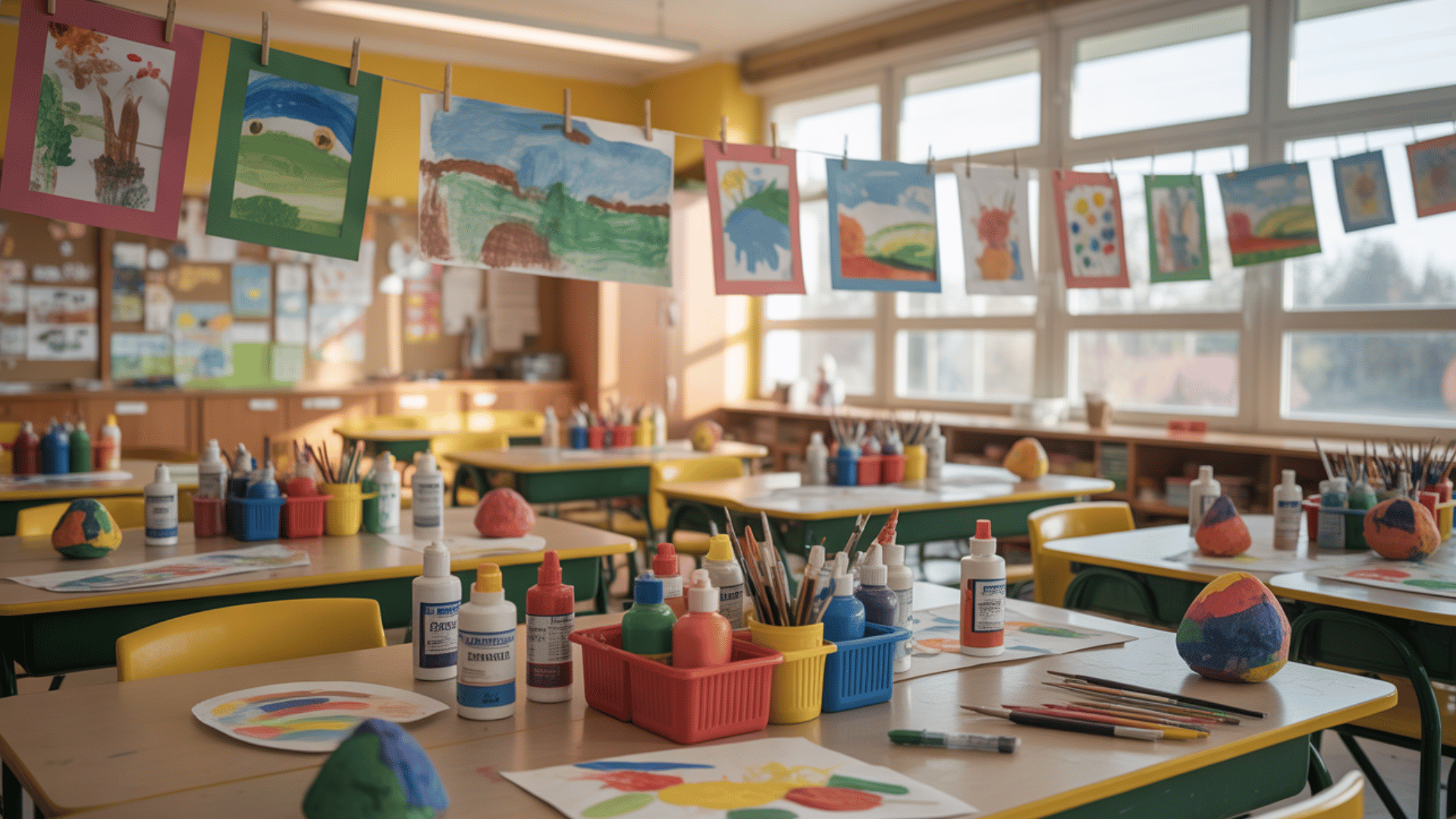 bright classroom art setup with paint bottles, brushes, and colorful student drawings hanging on a line.