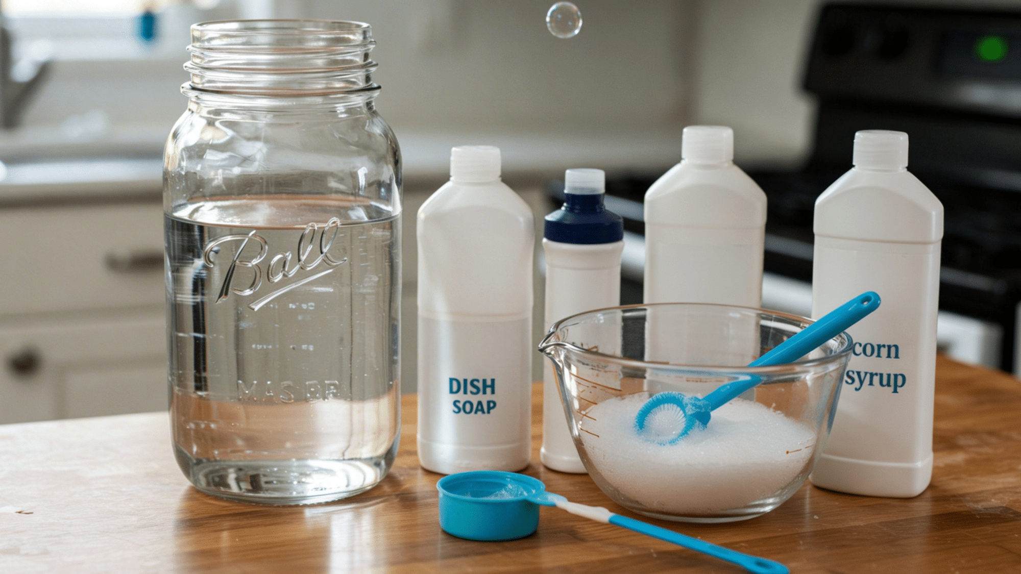 bright kitchen setup with ingredients for homemade bubble solution water, dish soap, light corn syrup, and a bubble wand, with bubbles floating in the air (2)