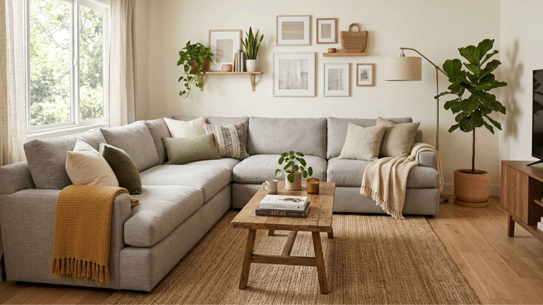 bright living room with l shaped sectional sofa, wooden coffee table, plants, wall art, and natural light