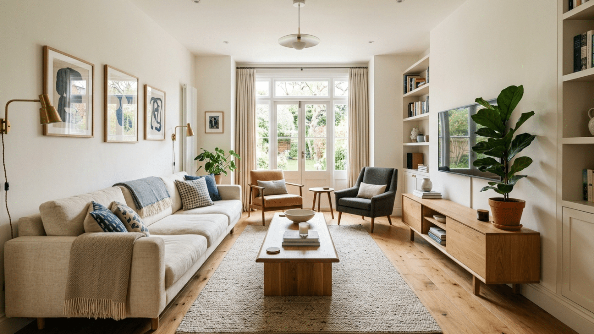 bright living room with long sofa, coffee table, tv console, armchairs, plants, and large glass doors