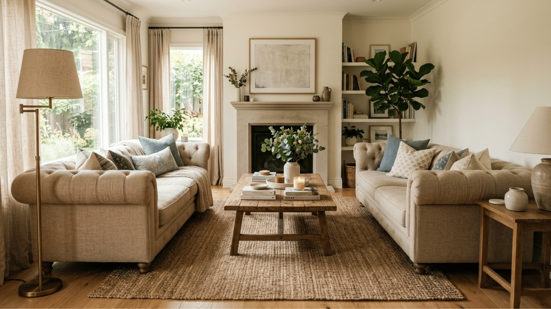 bright living room with two sofas facing each other, wooden coffee table, fireplace, plants, and large windows