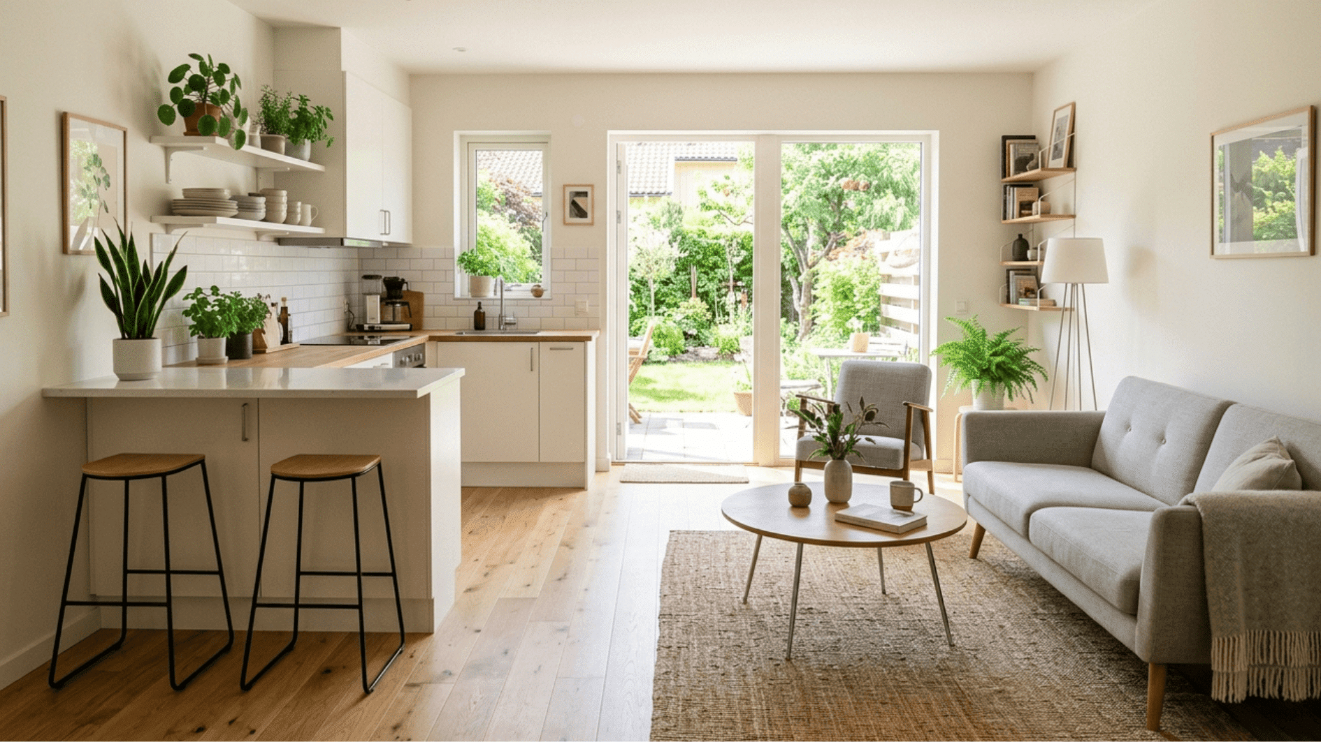 bright small open kitchen and living room with breakfast bar seating and garden patio doors