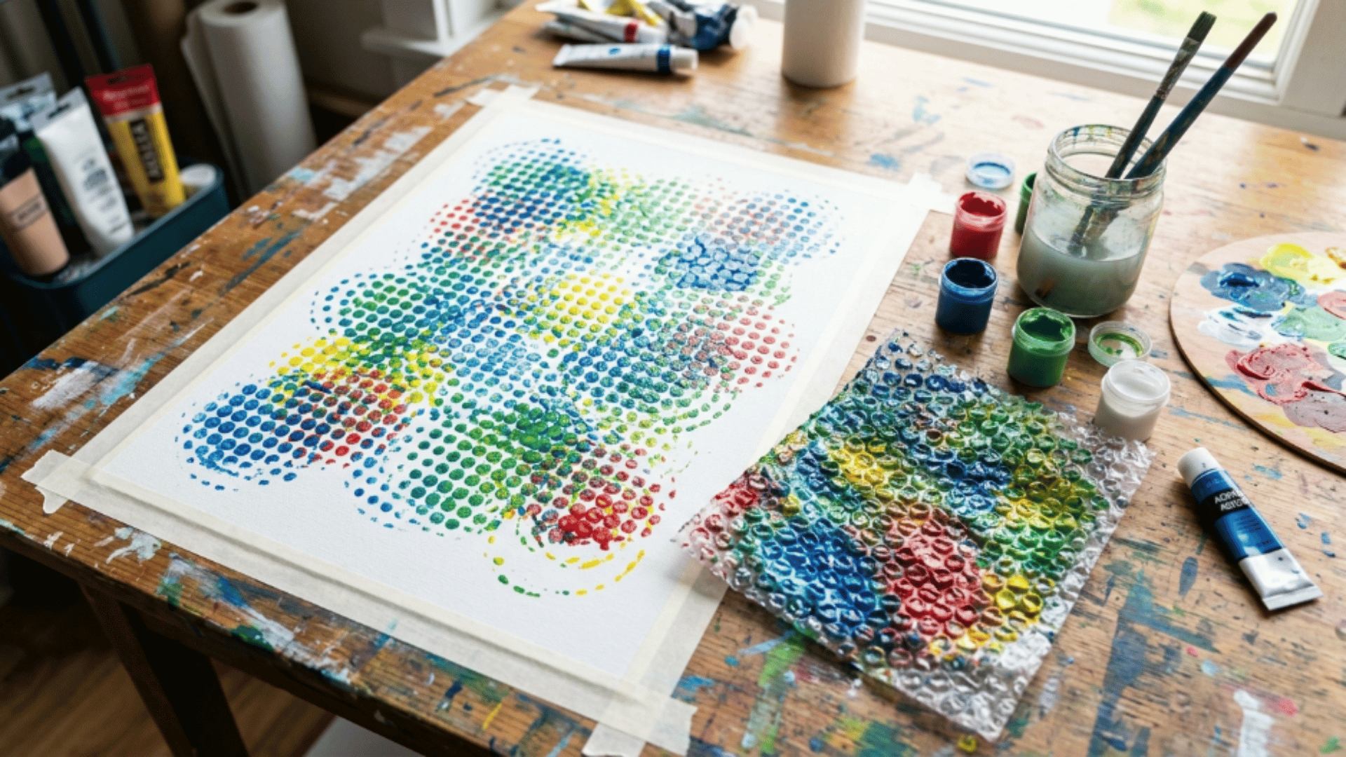 bubble wrap stamping acrylic paint onto canvas creating repeating circular pattern texture