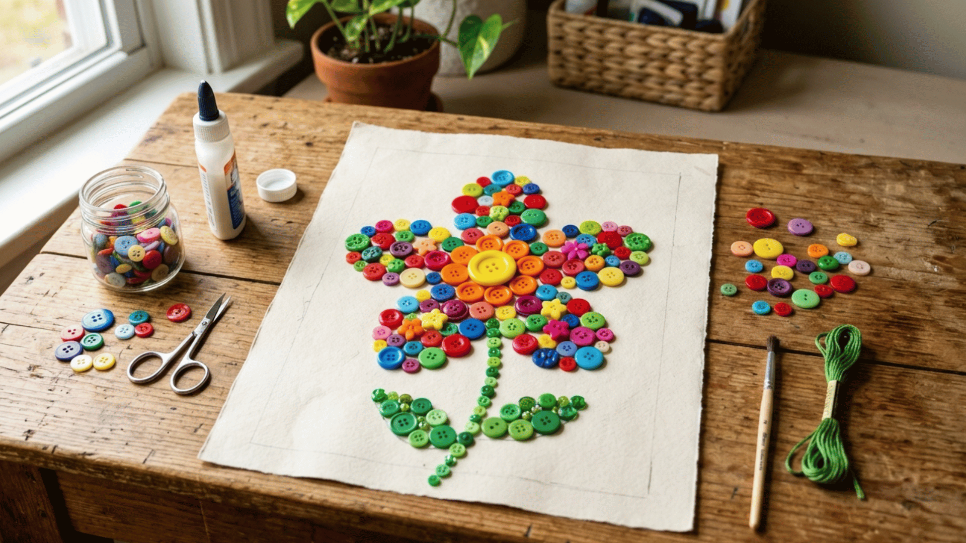 button collage craft with colorful buttons arranged into a flower shape on paper