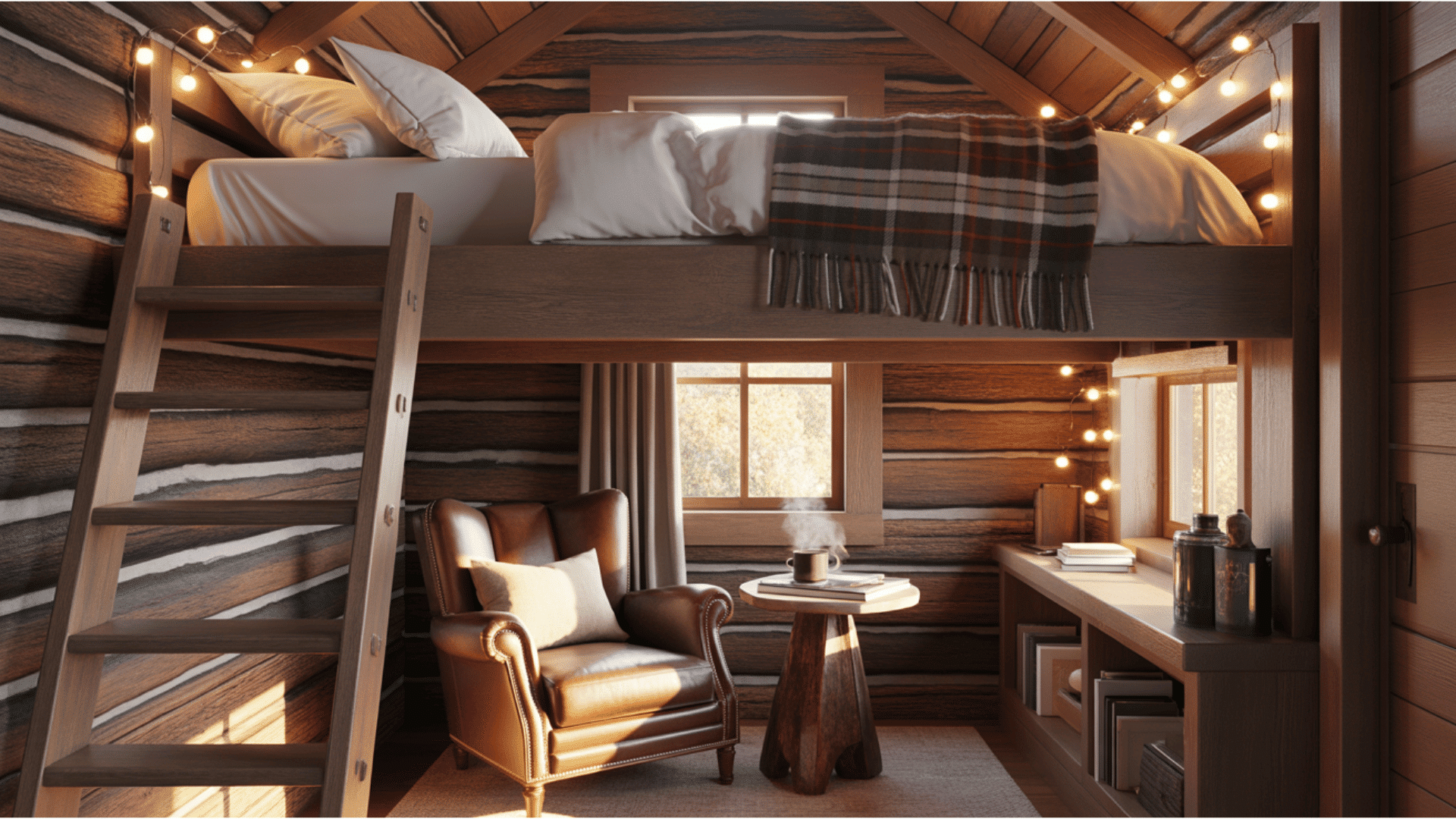 cabin bedroom with a bunk-style bed, cozy armchair, and a rustic wooden table with a hot drink.