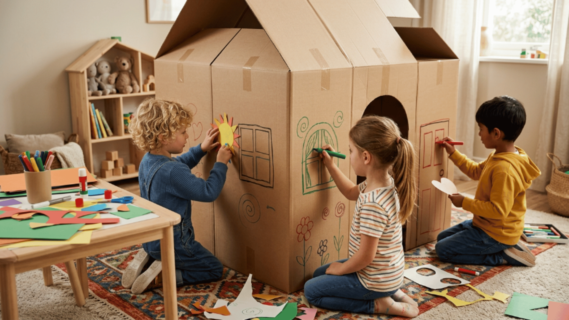 cardboard house play activity where kids draw windows doors and decorations on large boxes during indoor craft time