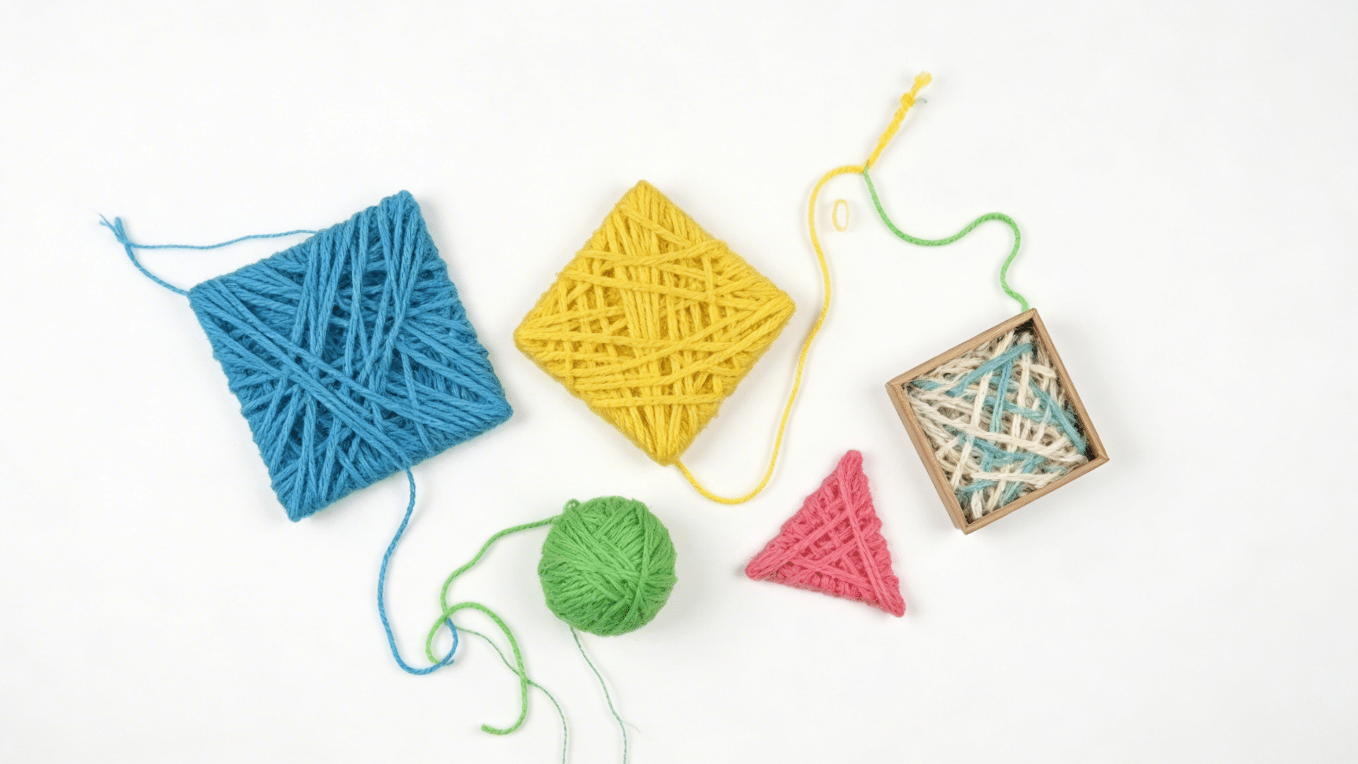 cardboard square, circle and triangle shape fully wrapped in stripes of blue, yellow and mint green yarn