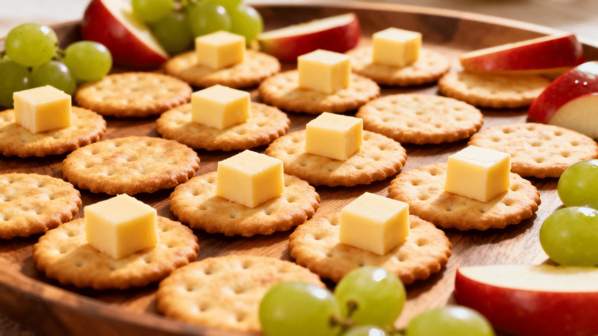 cheese & crackers platter arranged neatly with sliced cheddar, round crackers, and fresh grapes on a serving tray