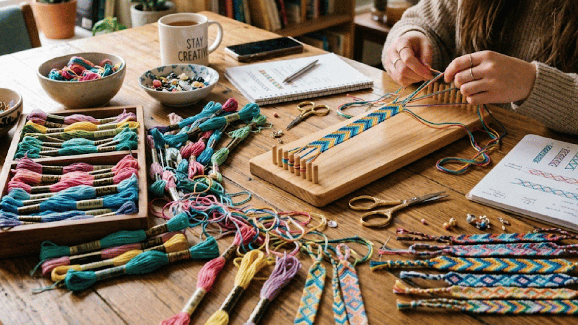 child making diy friendship bracelets with colorful thread on a table at home