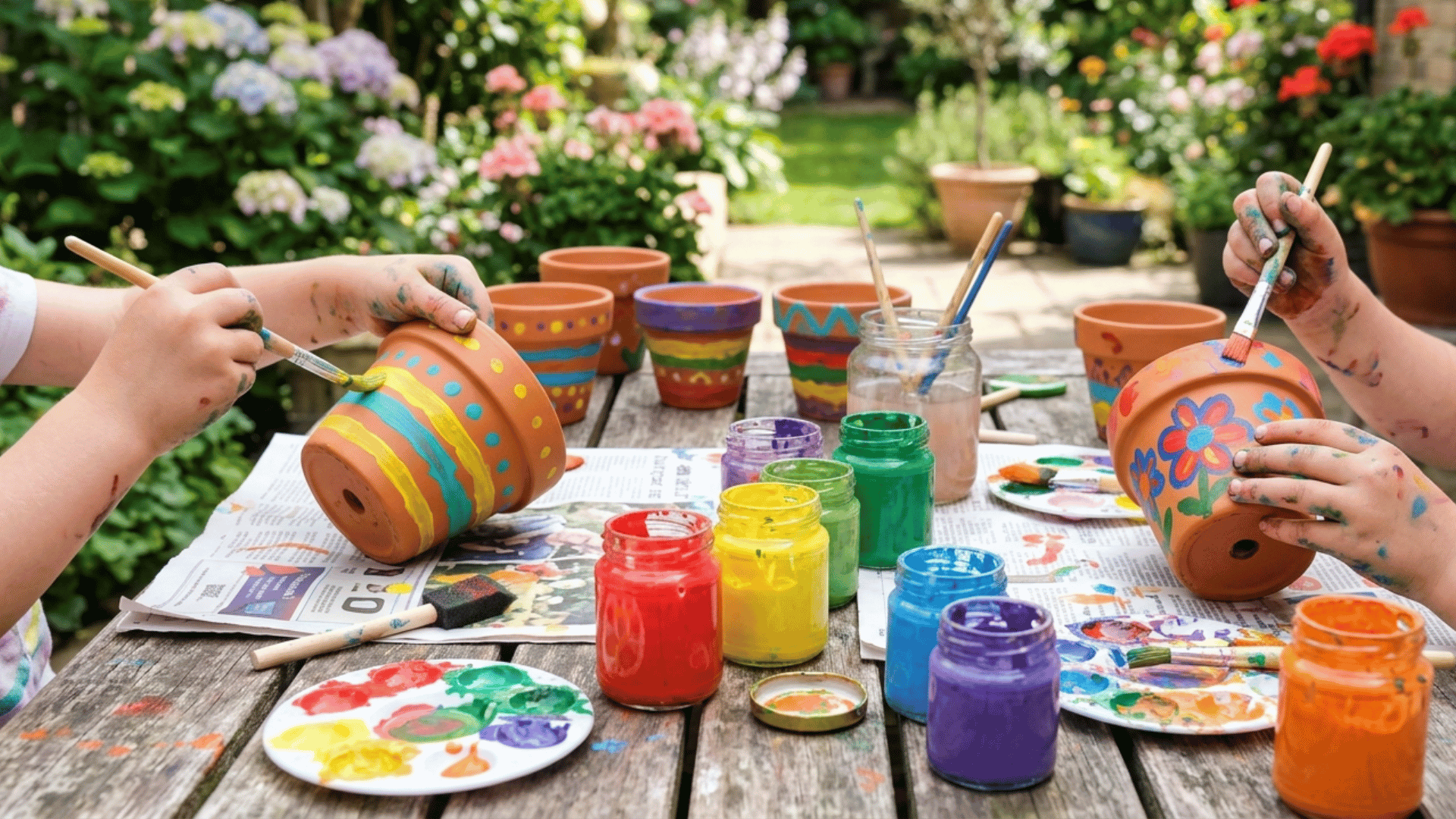 child painting terracotta flower pots with bright colors for a garden craft