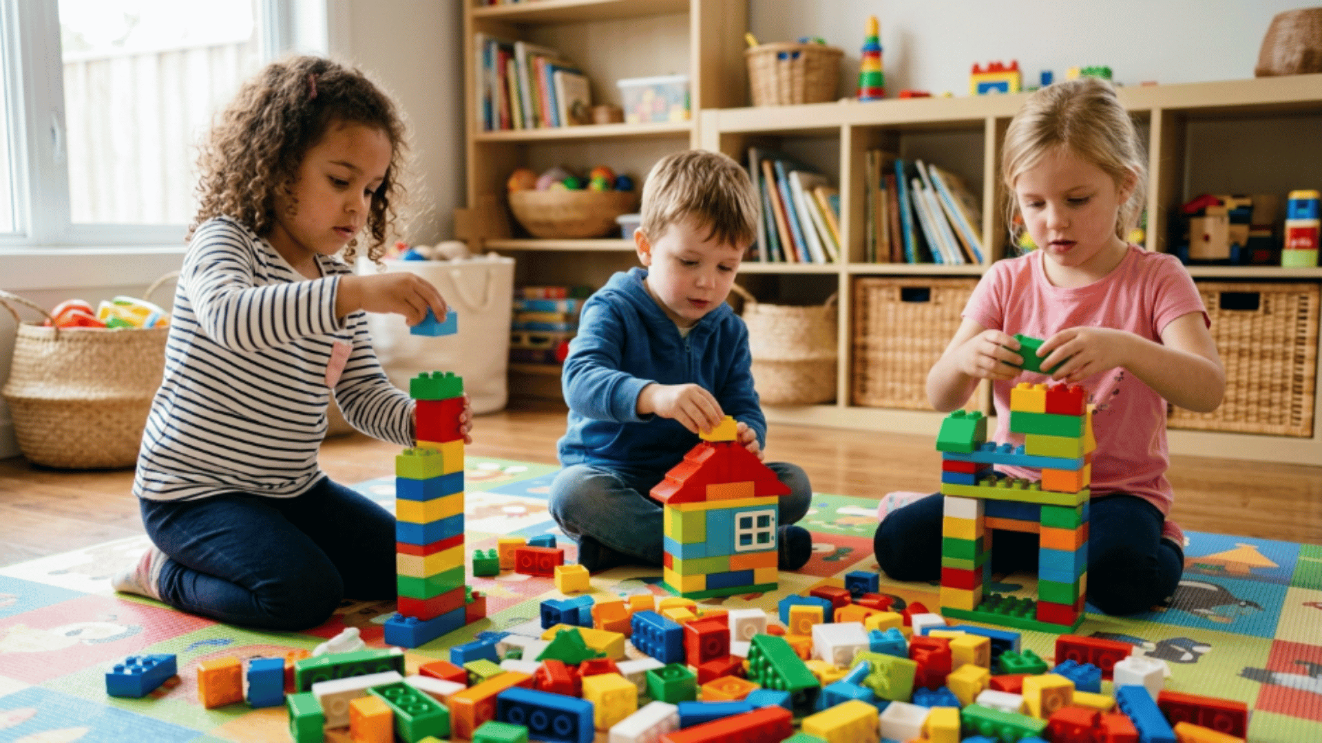 children building tall towers with colorful building blocks on play mat during indoor activity