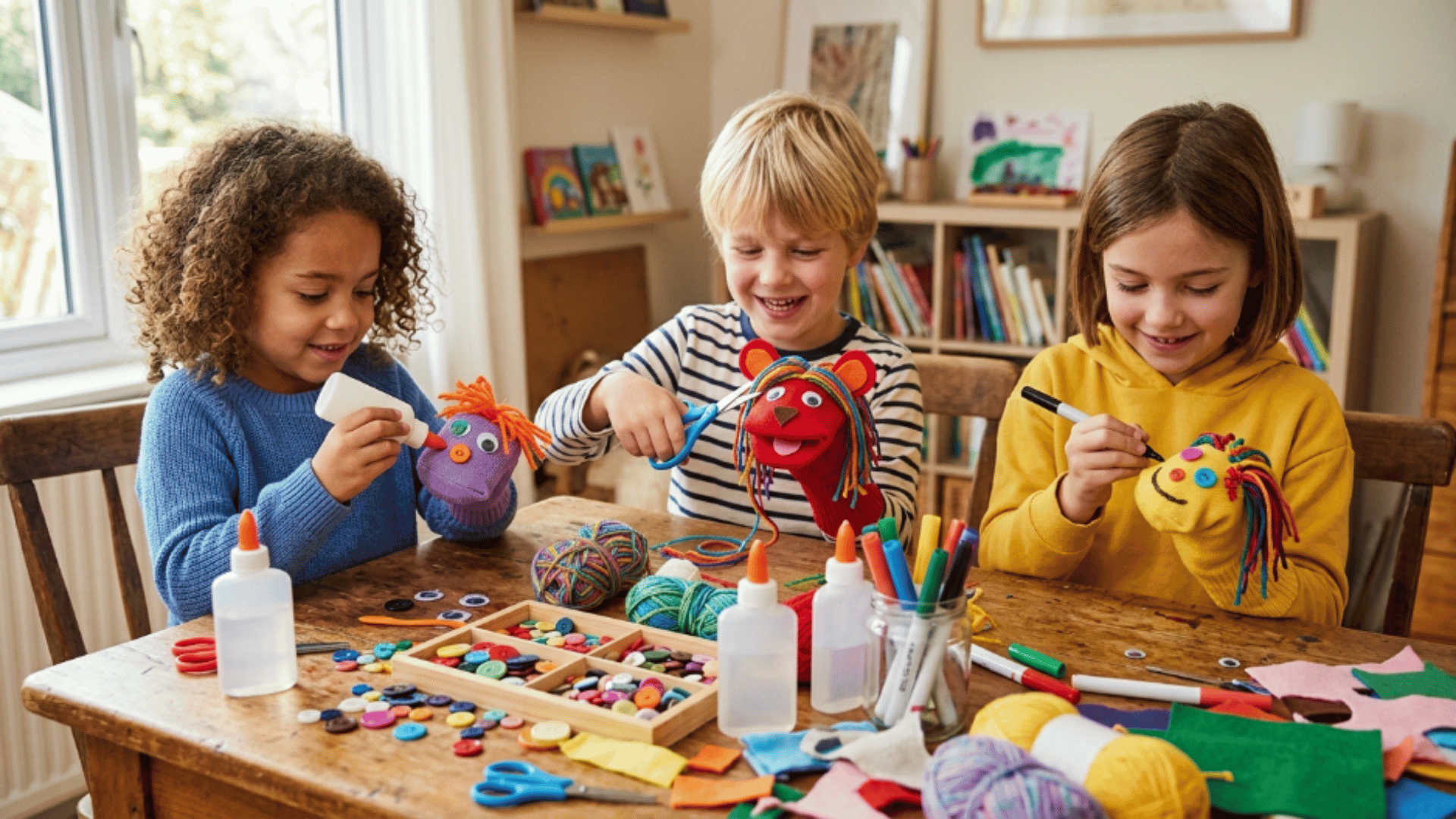 children creating sock puppets with yarn buttons and paper shapes during a fun indoor craft activity for kids