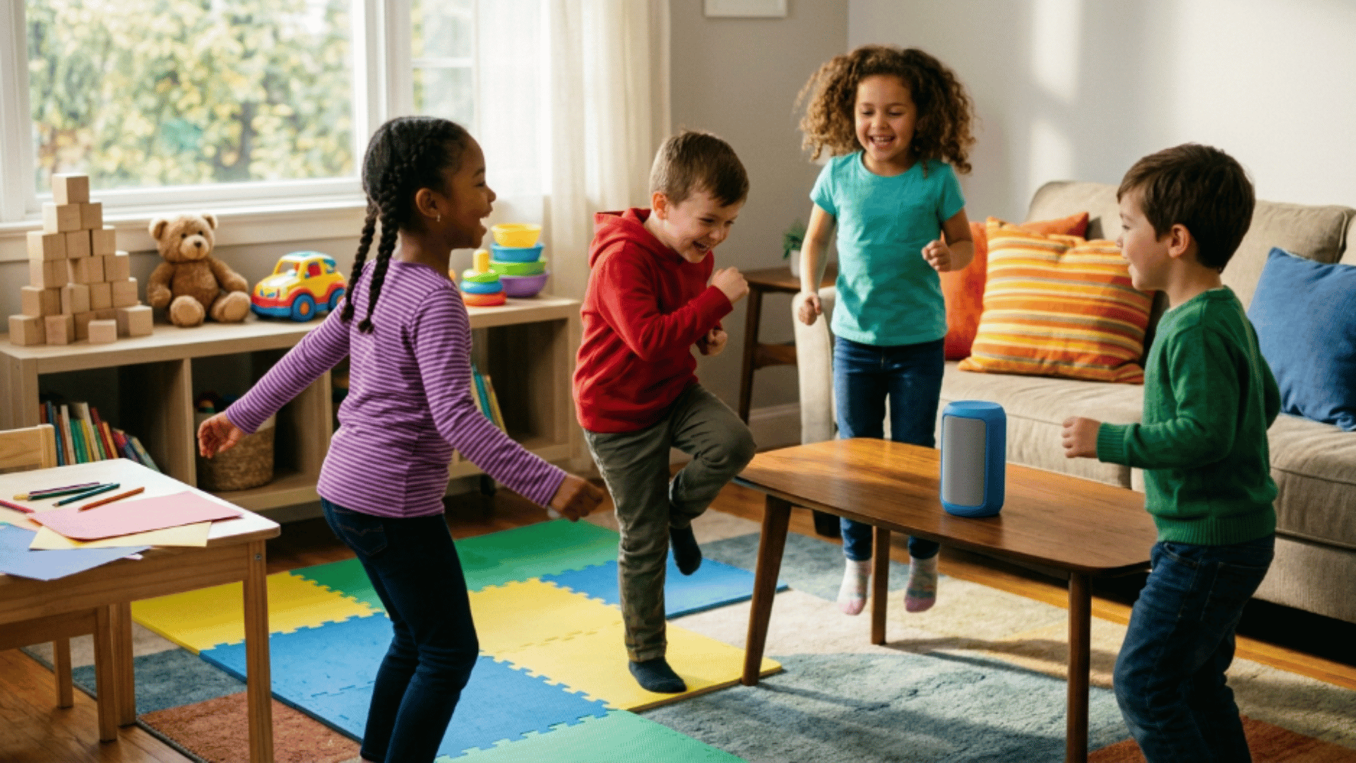 children dancing around the room and freezing when music stops during a fun freeze dance activity