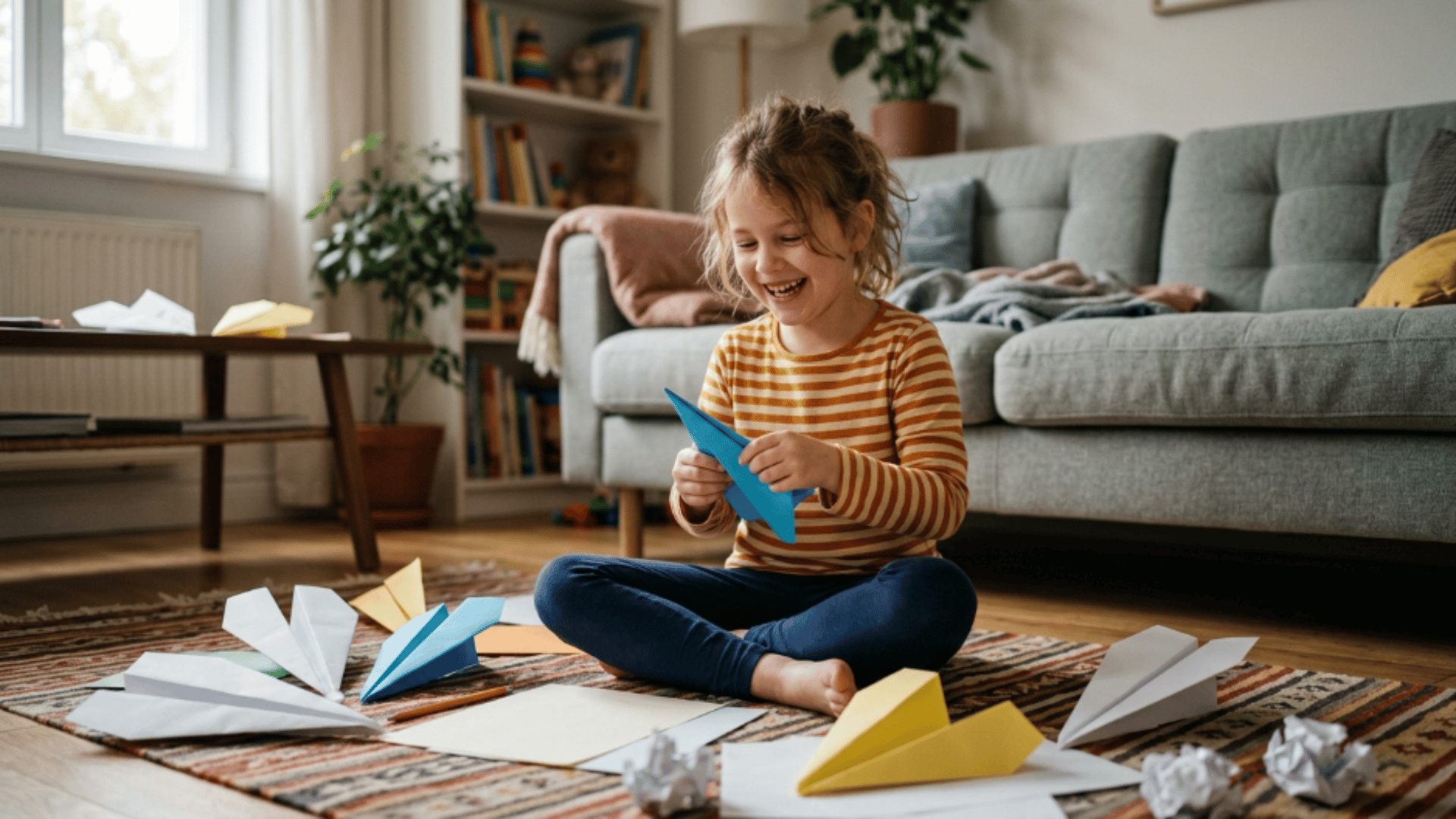 children folding paper airplanes and during a fun indoor flying game