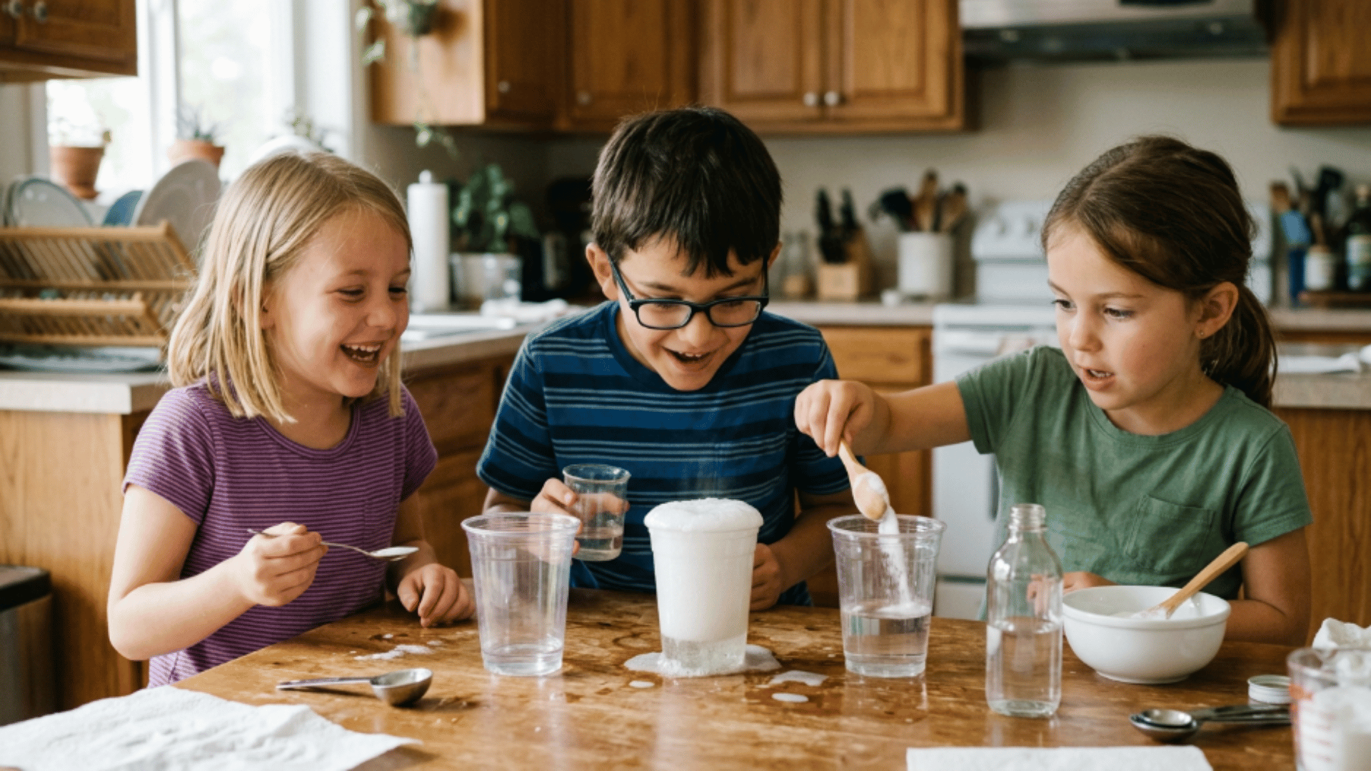 children mixing water and small items in cups while observing reactions during a simple indoor science experiment