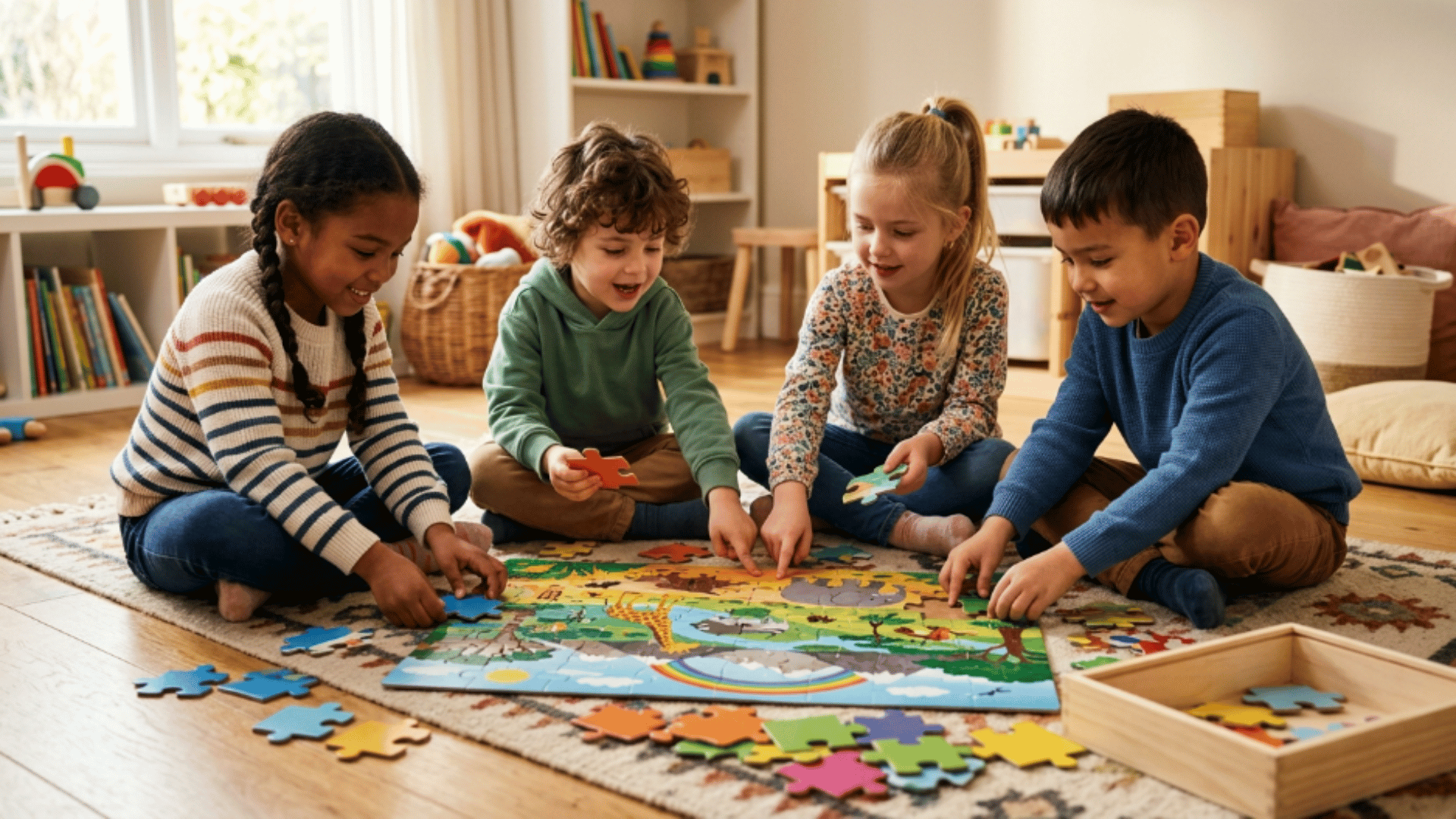 children sitting on the floor assembling colorful puzzle pieces during a quiet indoor puzzle activity