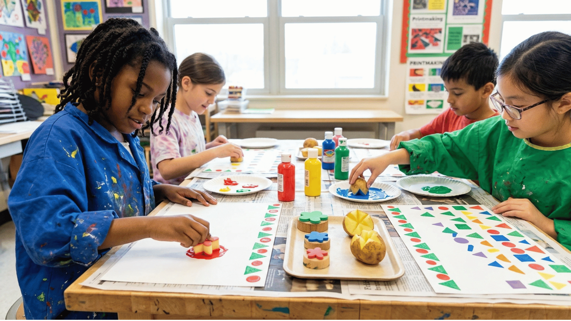 children using DIY stamps and paint to create colorful printmaking patterns.