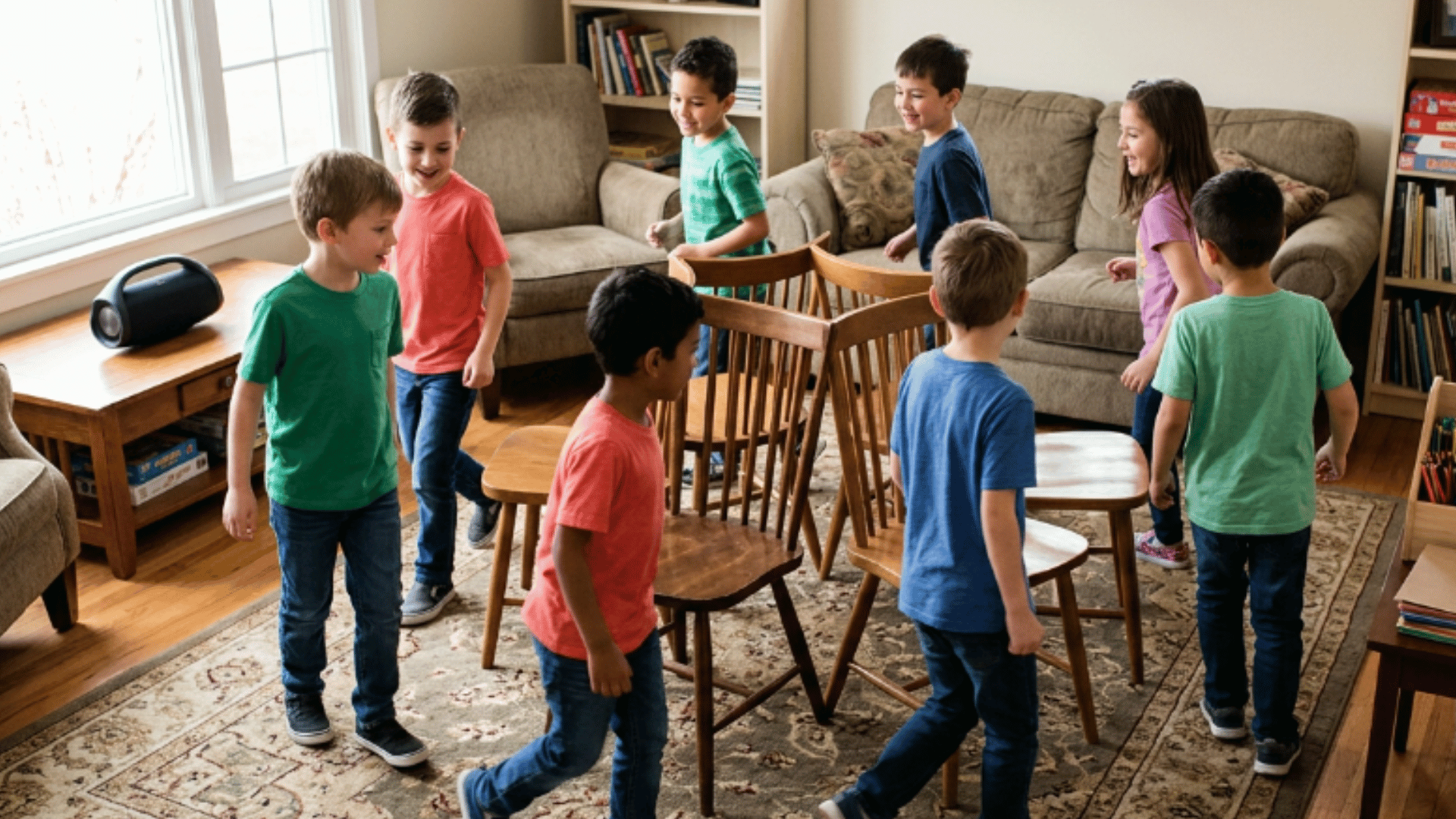 children walking around chairs during musical chairs game inside living room play time