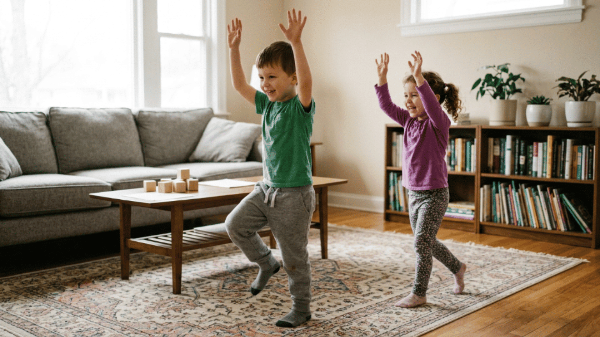 children walking in line copying leader actions during fun follow the leader indoor game